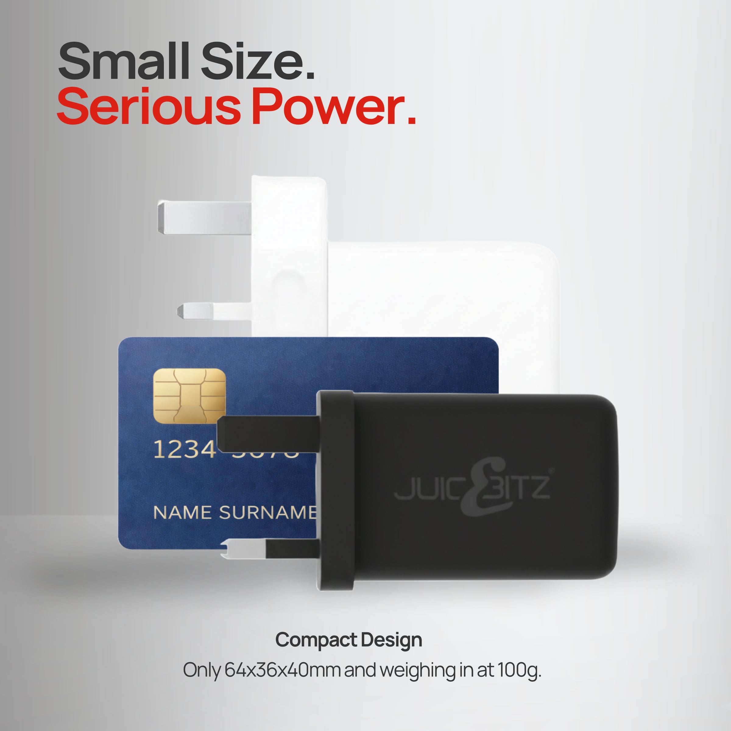 Nano III 65W GaN Compact USB-A + USB-C PD Triple Fast Charger Mains Adapter UK Plug - Black size comparison with credit card.