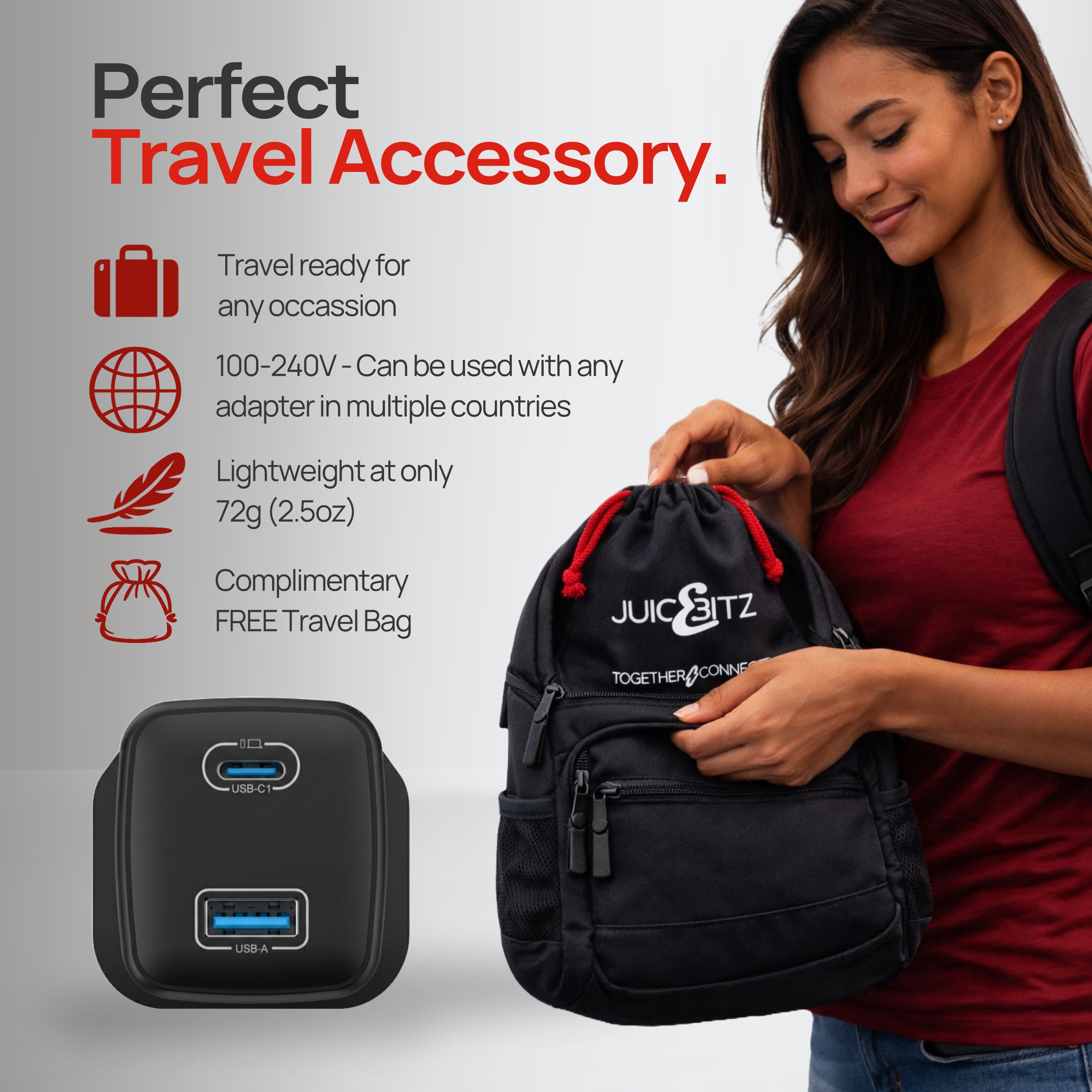 Nano II 35W GaN Compact USB-A + USB-C PD Dual Fast Charger Mains Adapter UK Plug - Black with travel accessories.