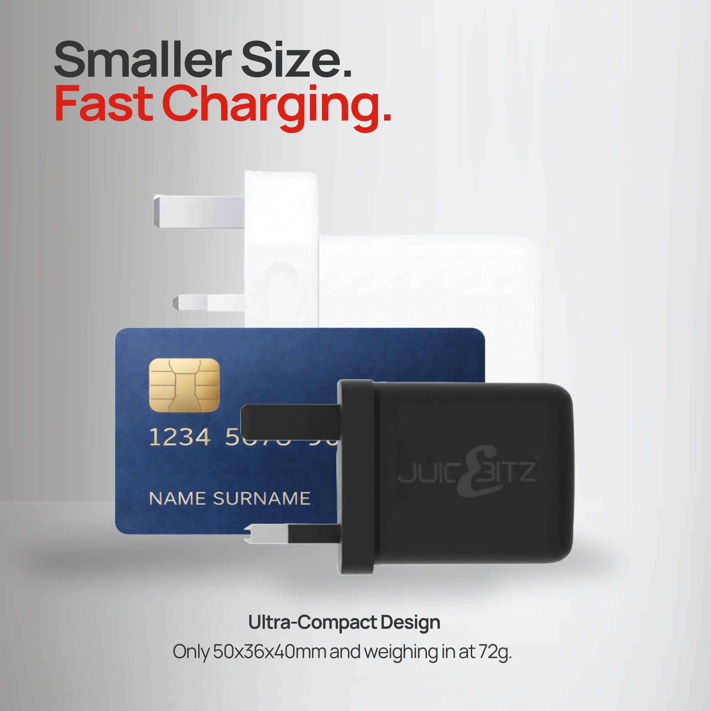 Nano II 35W GaN Compact USB-A + USB-C PD Dual Fast Charger Mains Adapter UK Plug - Black next to a credit card for size comparison.