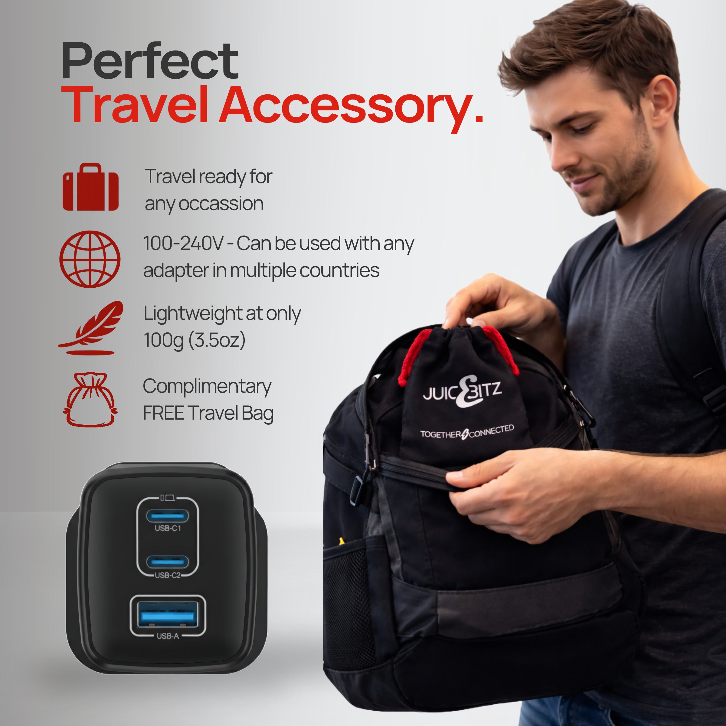 Nano III 65W GaN Compact USB-A + USB-C PD Triple Fast Charger Mains Adapter UK Plug - Black with travel backpack and accessories.