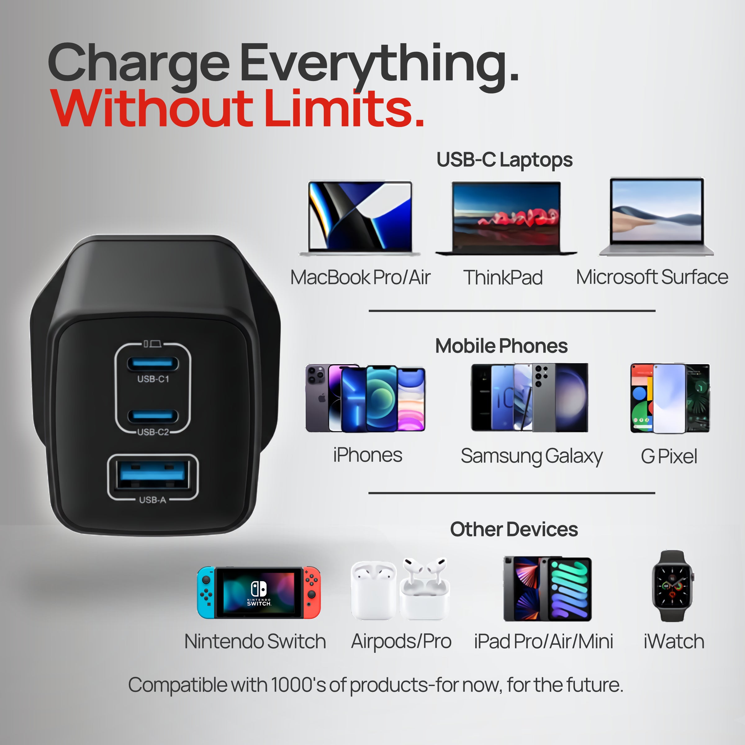 Nano III 65W GaN Compact USB-A + USB-C PD Triple Fast Charger Mains Adapter UK Plug - Black with charge options for various devices.