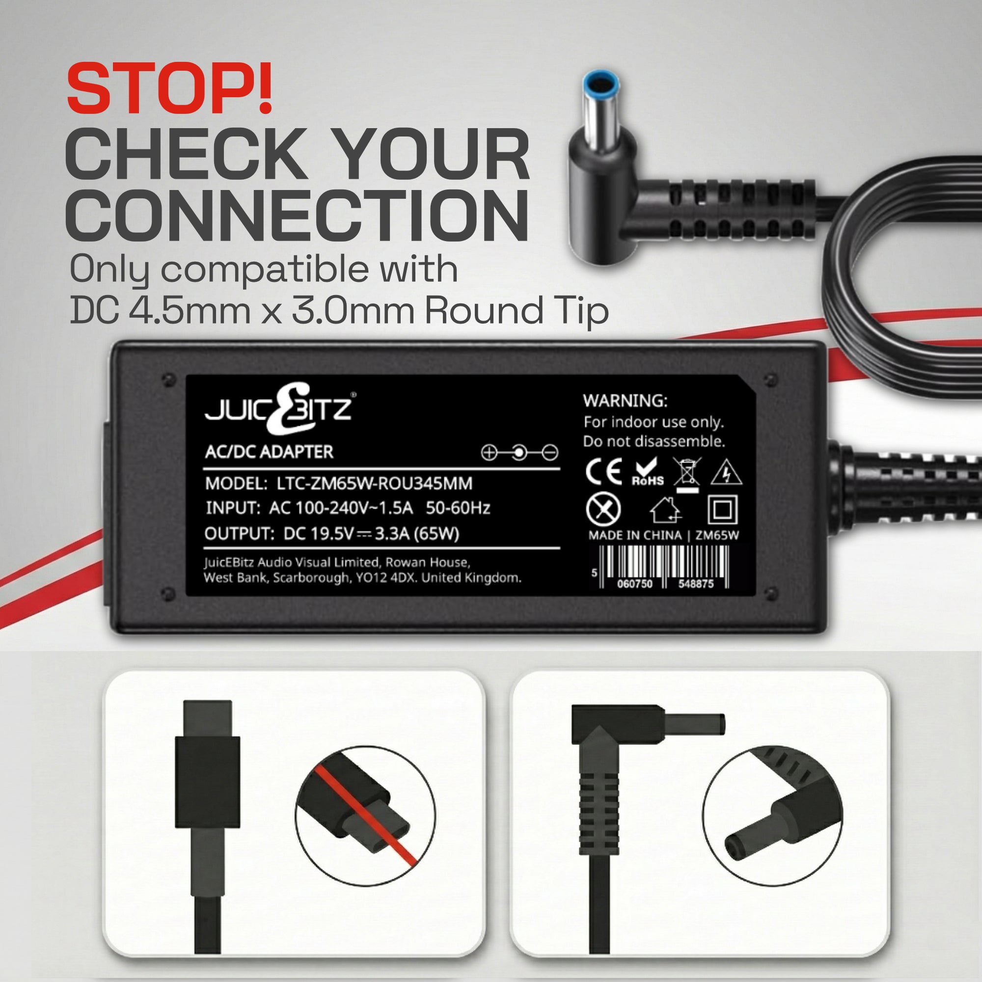 65W HP Laptop Charger - Round Tip 4.5mm x 3.0mm