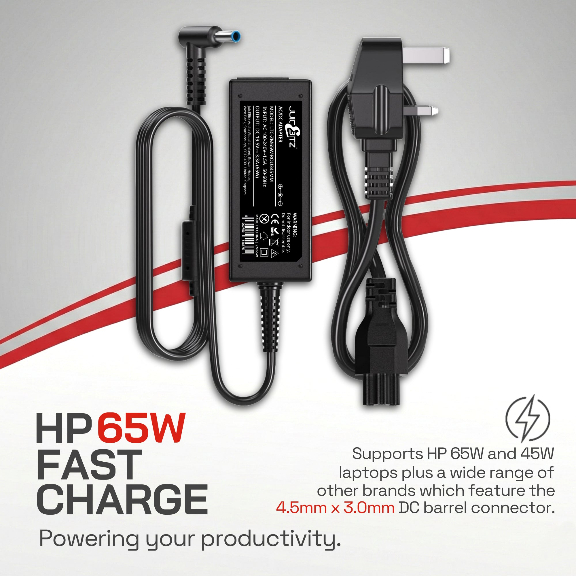 65W HP Laptop Charger - Round Tip 4.5mm x 3.0mm with fast charge functionality for HP 65W and 45W laptops.