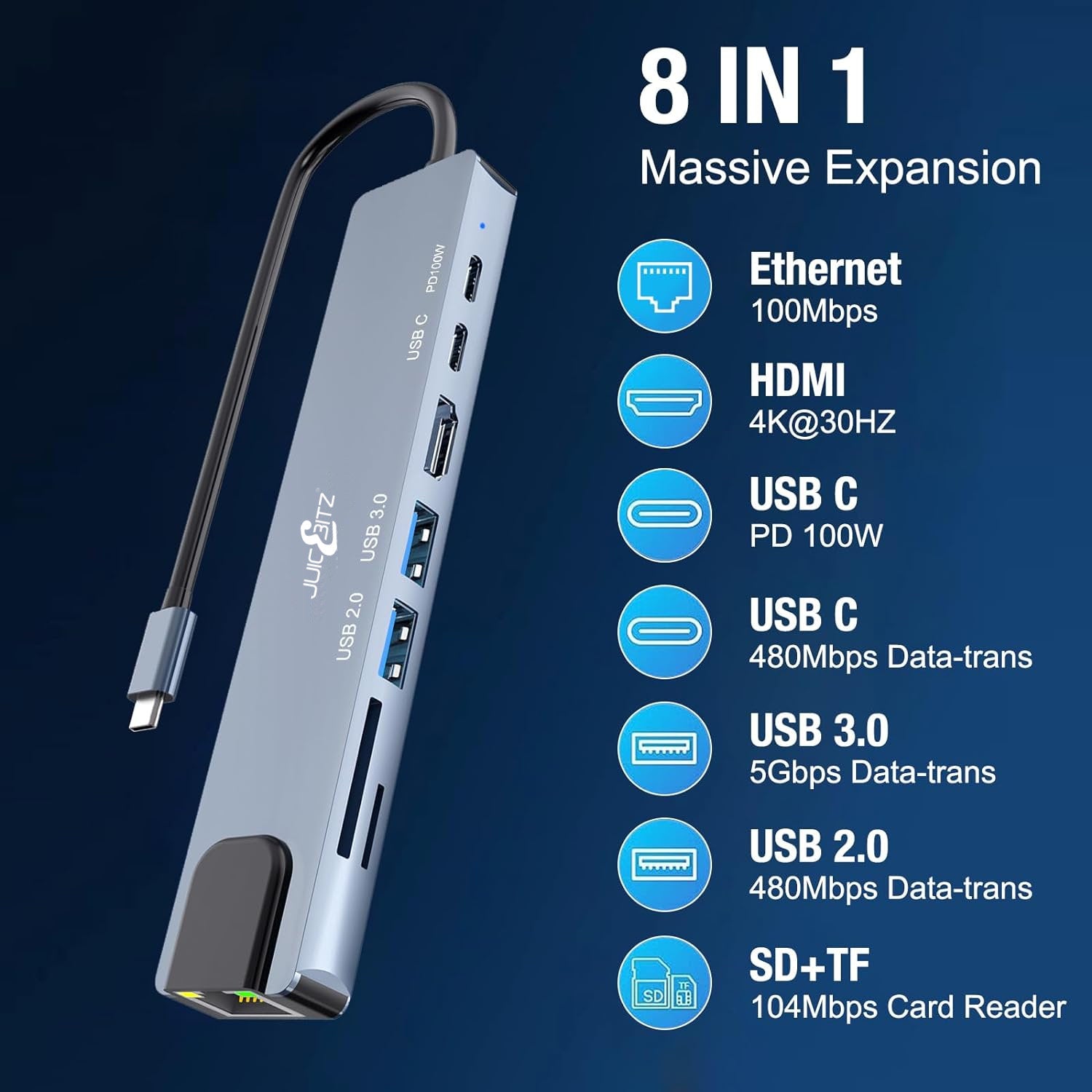 4K USB-C Adapter 8 in 1 HDMI Female USB3.0 USB-C Card Reader PD Output