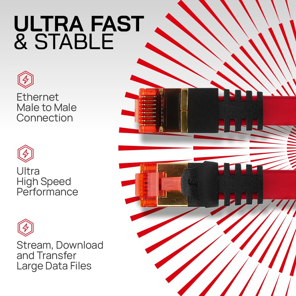 CAT7 Flat Shielded Gigabit Ethernet RJ45 LAN SFTP Patch Cable LSZH - Red