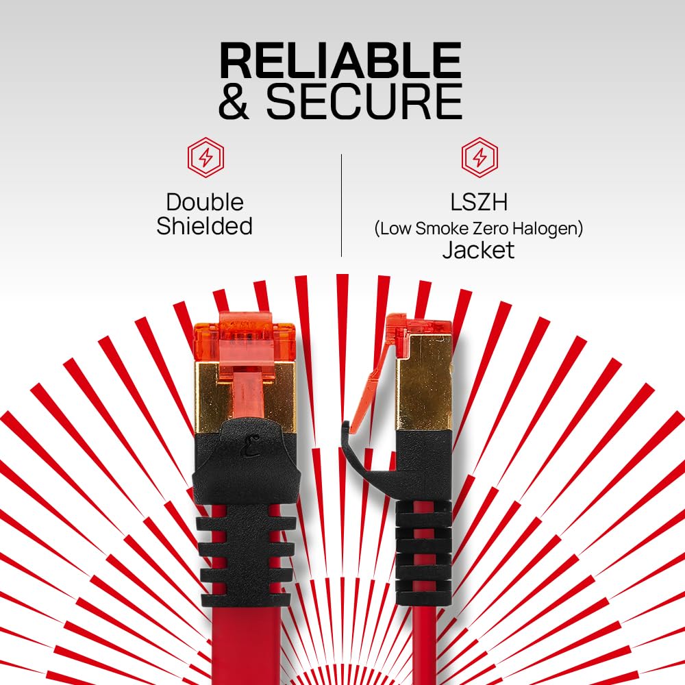 CAT7 Flat Shielded Gigabit Ethernet RJ45 LAN SFTP Patch Cable LSZH - Red