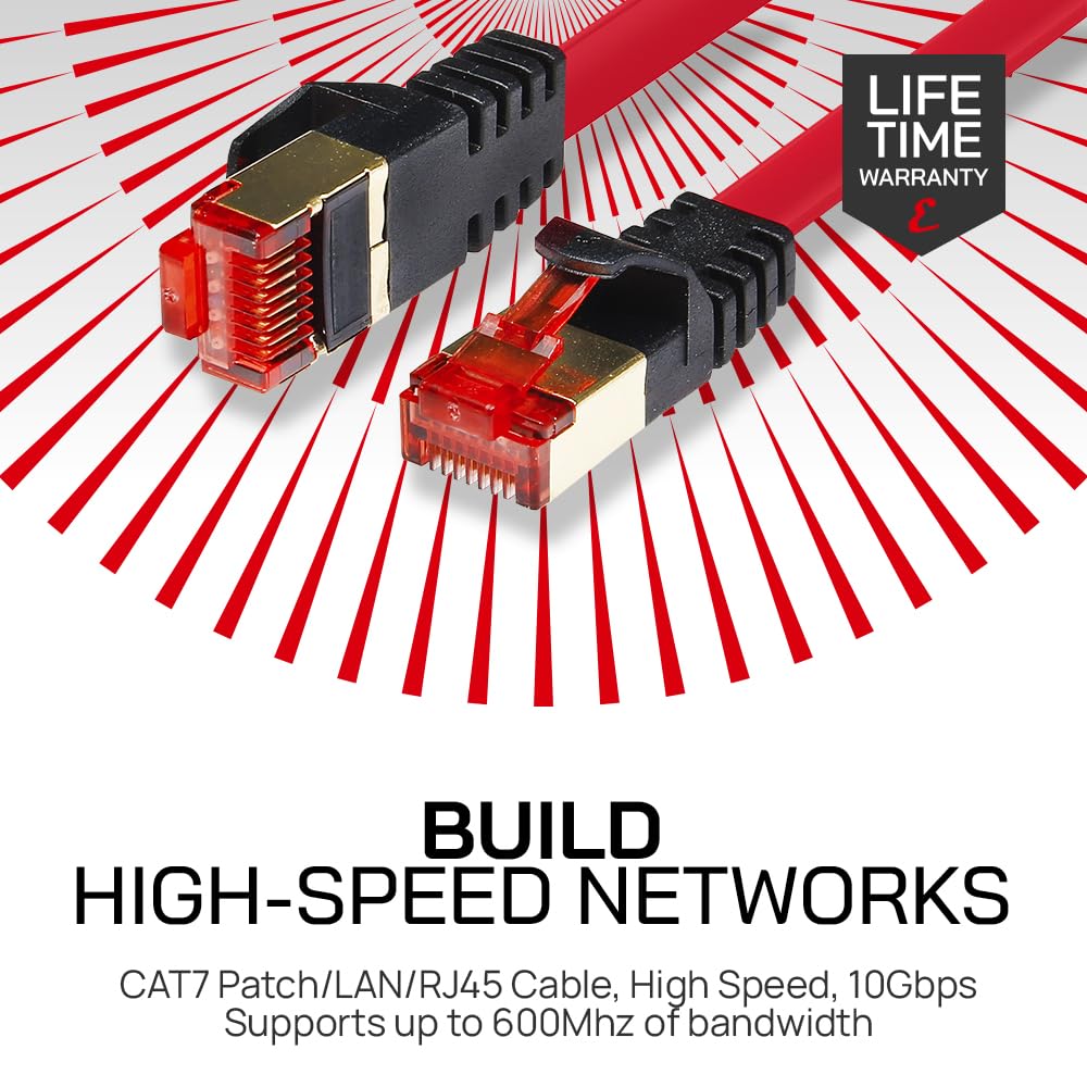 CAT7 Flat Shielded Gigabit Ethernet RJ45 LAN SFTP Patch Cable LSZH - Red