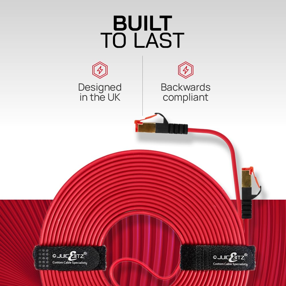 CAT7 Flat Shielded Gigabit Ethernet RJ45 LAN SFTP Patch Cable LSZH - Red