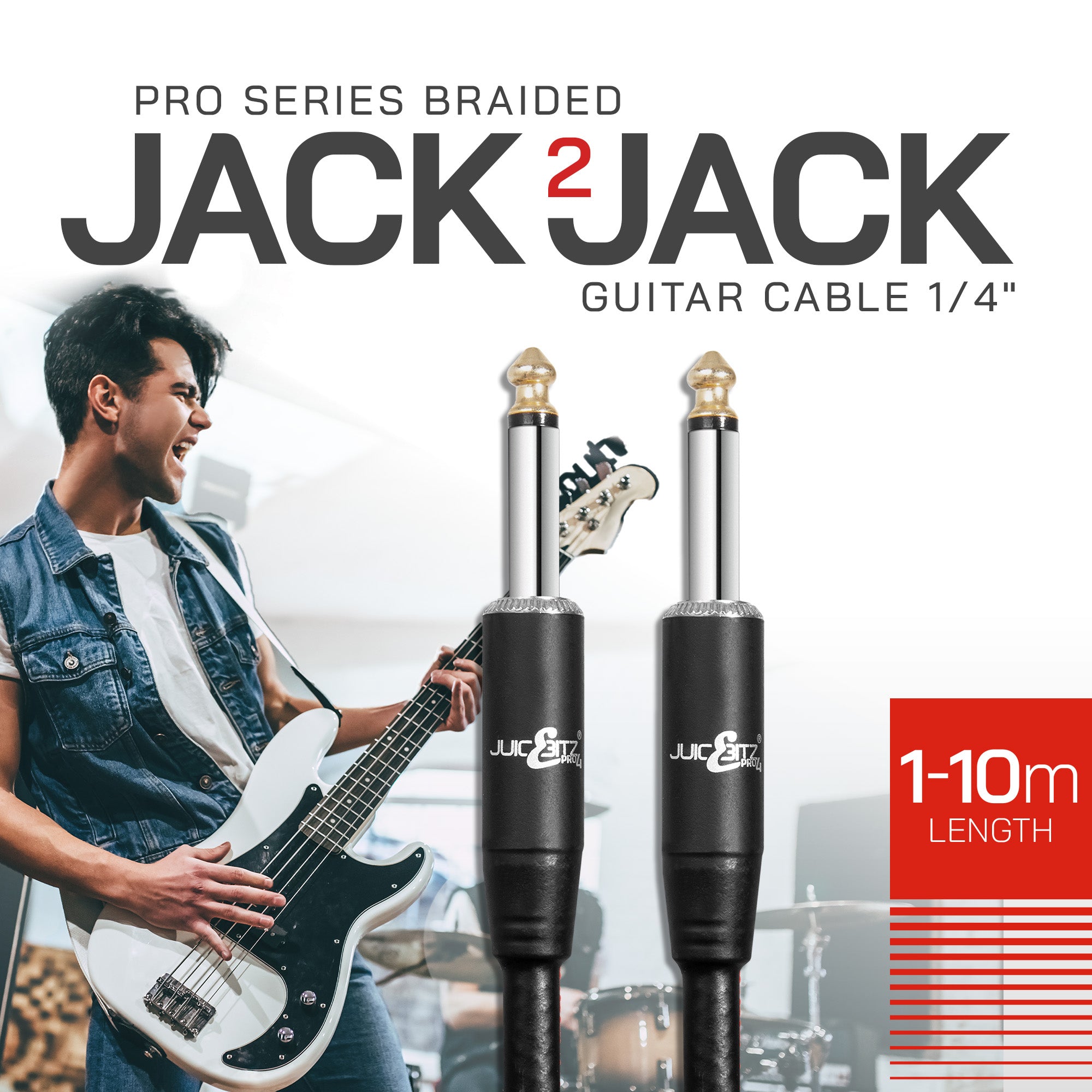 PRO Series Braided Guitar Cable 1/4" Straight Jack to Jack 6.35mm Lead - Red