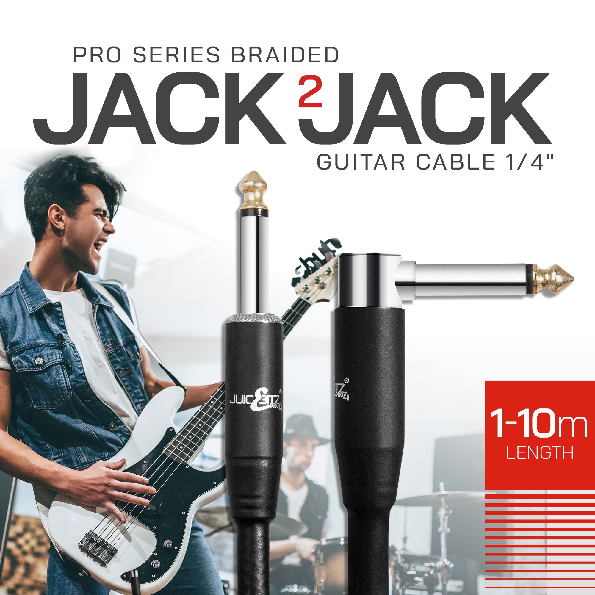 PRO Series Braided Guitar Cable 1/4" Straight/Angled Jack to Jack 6.35mm Lead - Black