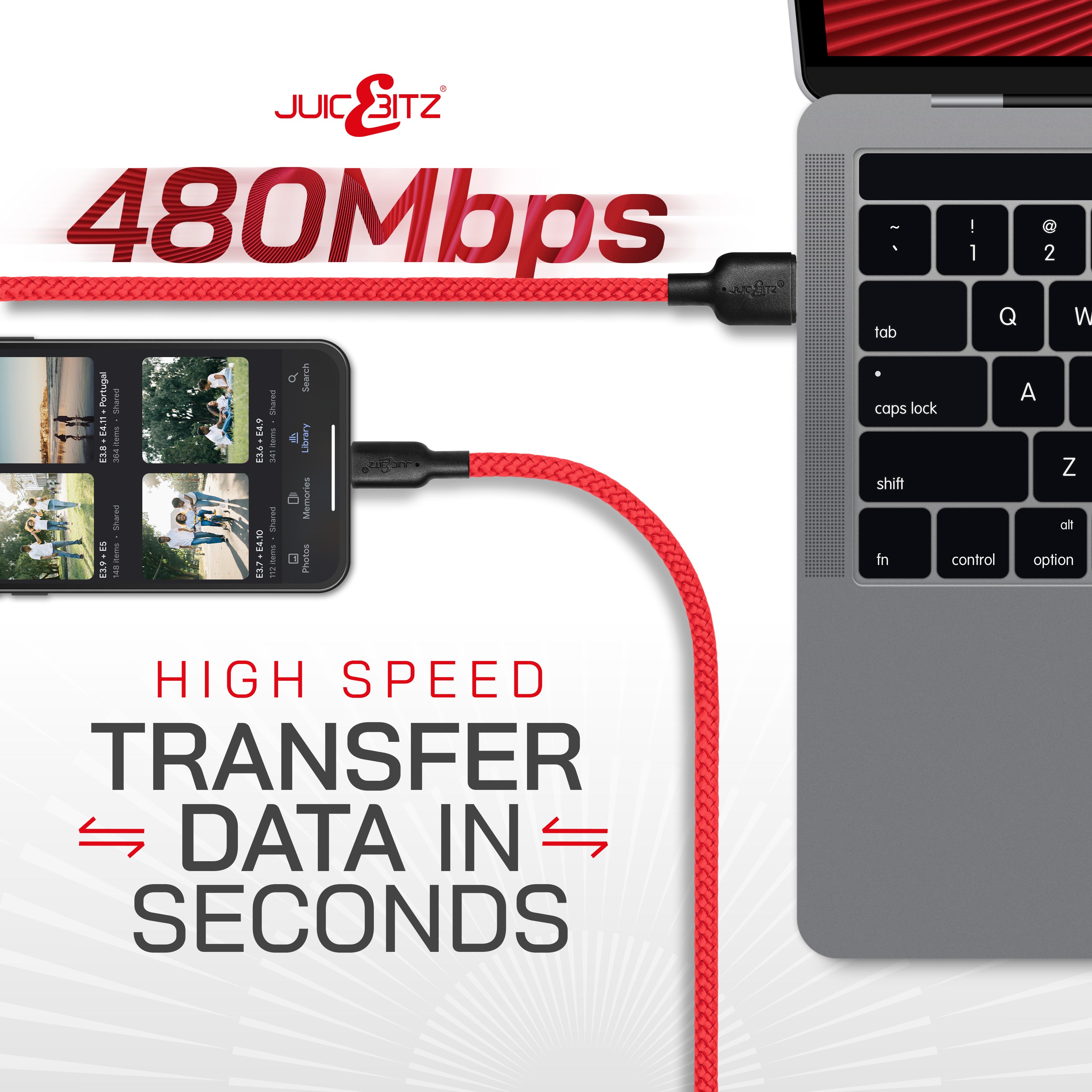 Braided Heavy Duty USB Charger Cable Data Sync Wire Lead for iPhone, iPad, iPod - Red