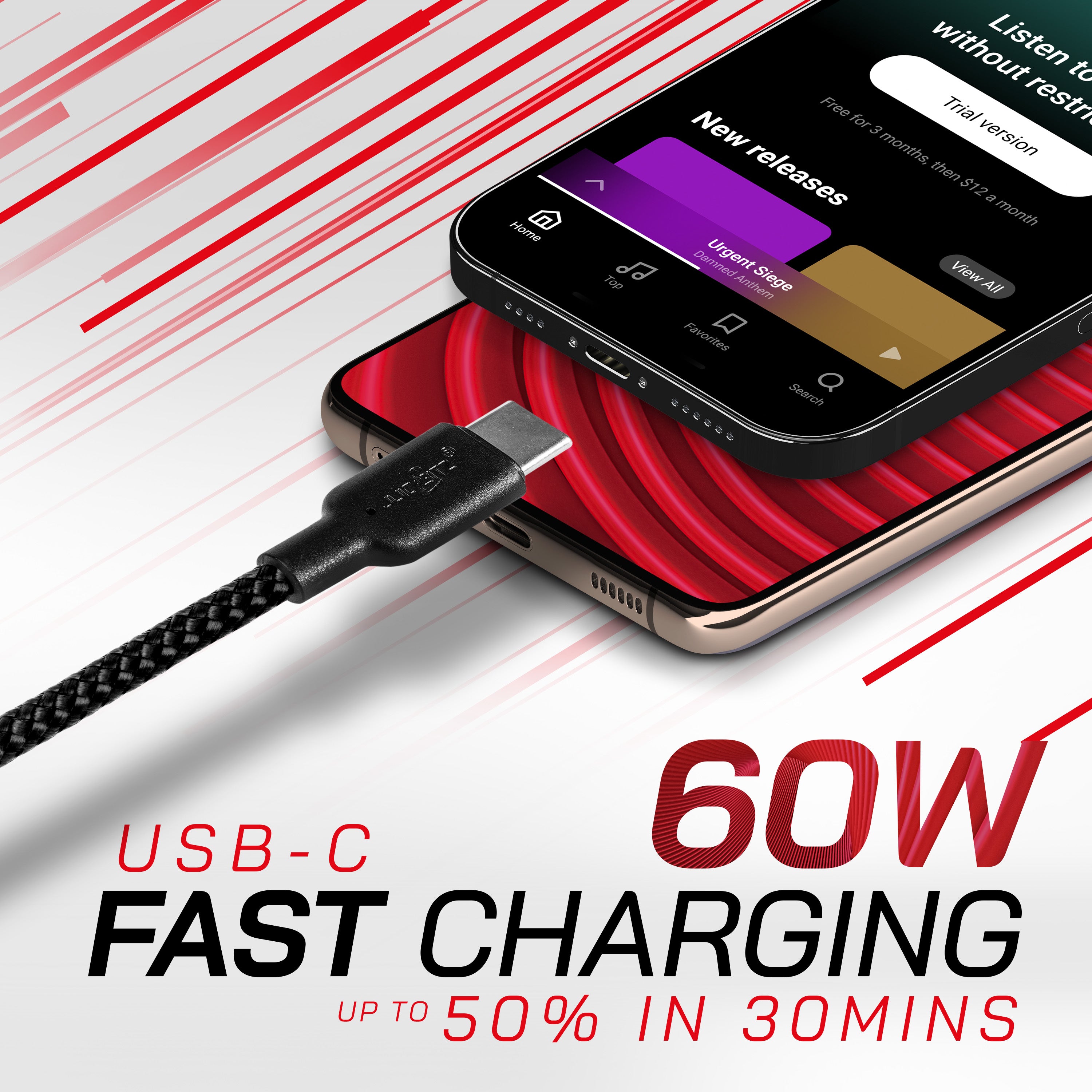 Braided USB-A to USB-C (USB2.0) 60W Fast Charger Data Cable - Grey