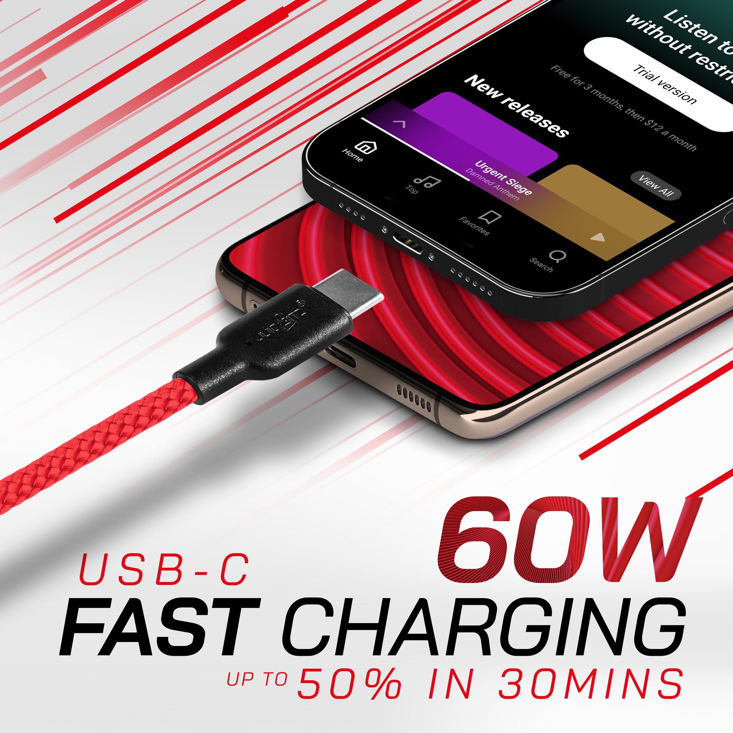 Braided USB-A to USB-C (USB2.0) 60W Fast Charger Data Cable - Red