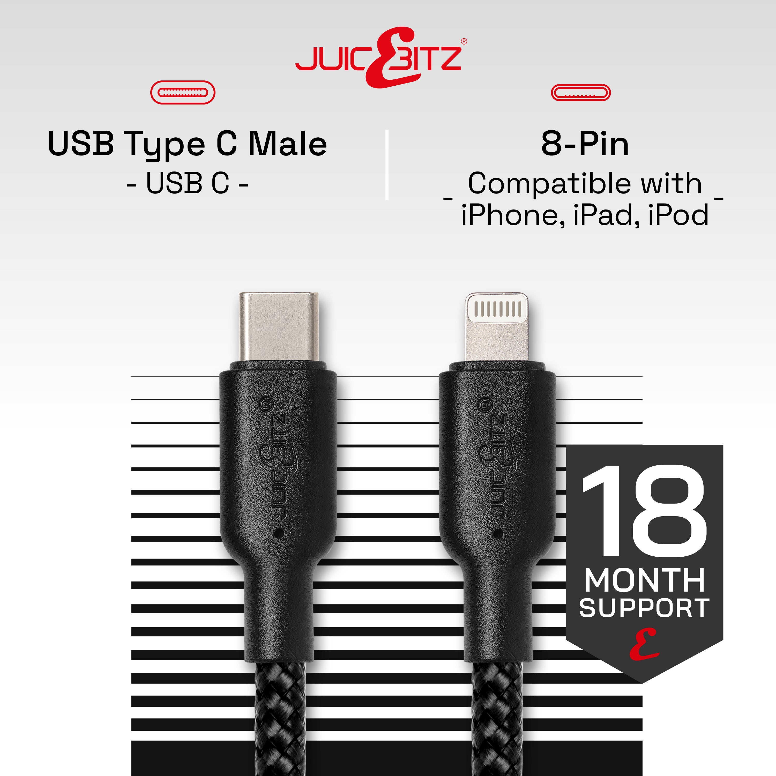 Braided Heavy Duty USB-C Fast Charger Data Sync Cable for iPhone, iPad, iPod - Black