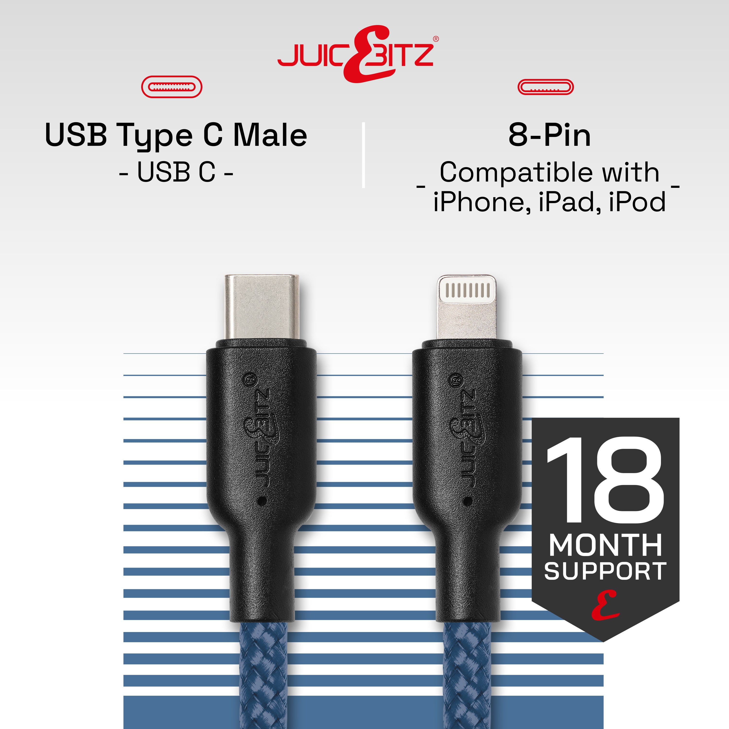 Braided Heavy Duty USB-C Fast Charger Data Sync Cable for iPhone, iPad, iPod - Navy
