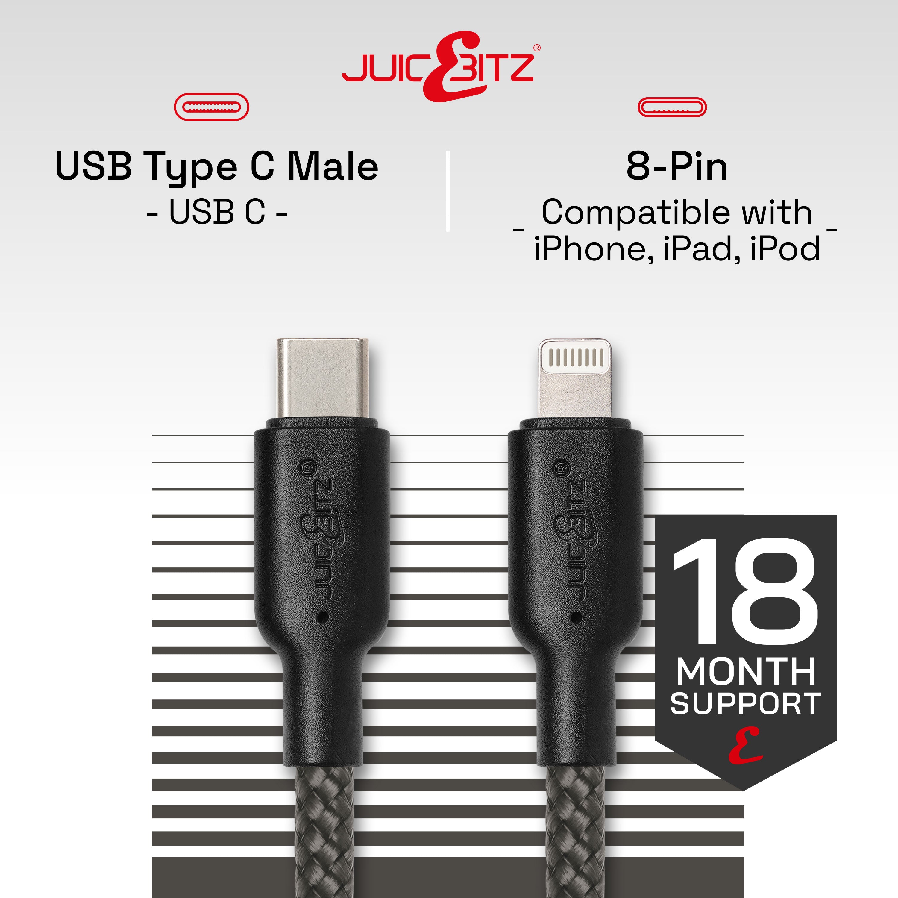 Braided Heavy Duty USB-C Fast Charger Data Sync Cable for iPhone, iPad, iPod - Grey