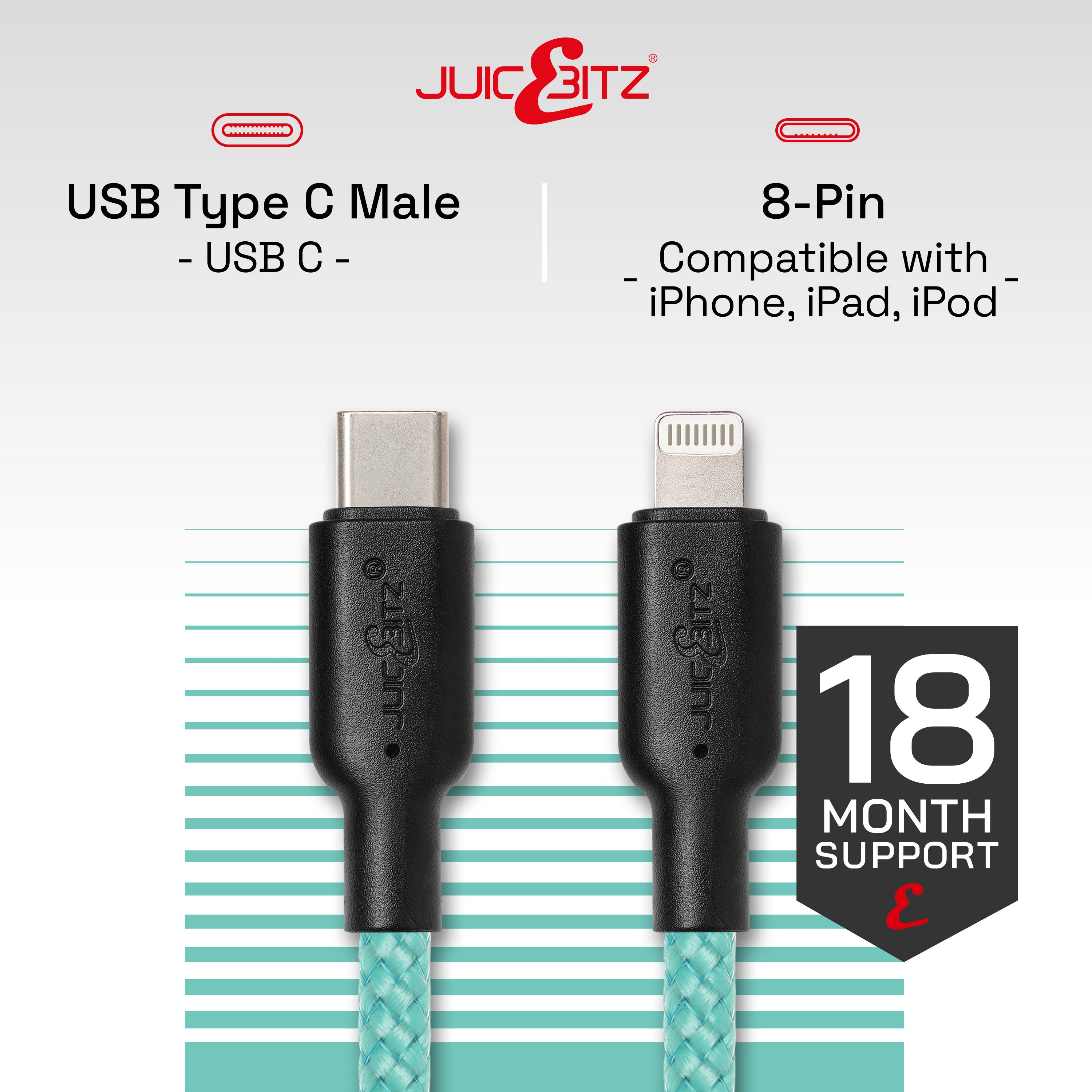 Braided Heavy Duty USB-C Fast Charger Data Sync Cable for iPhone, iPad, iPod - Turquoise