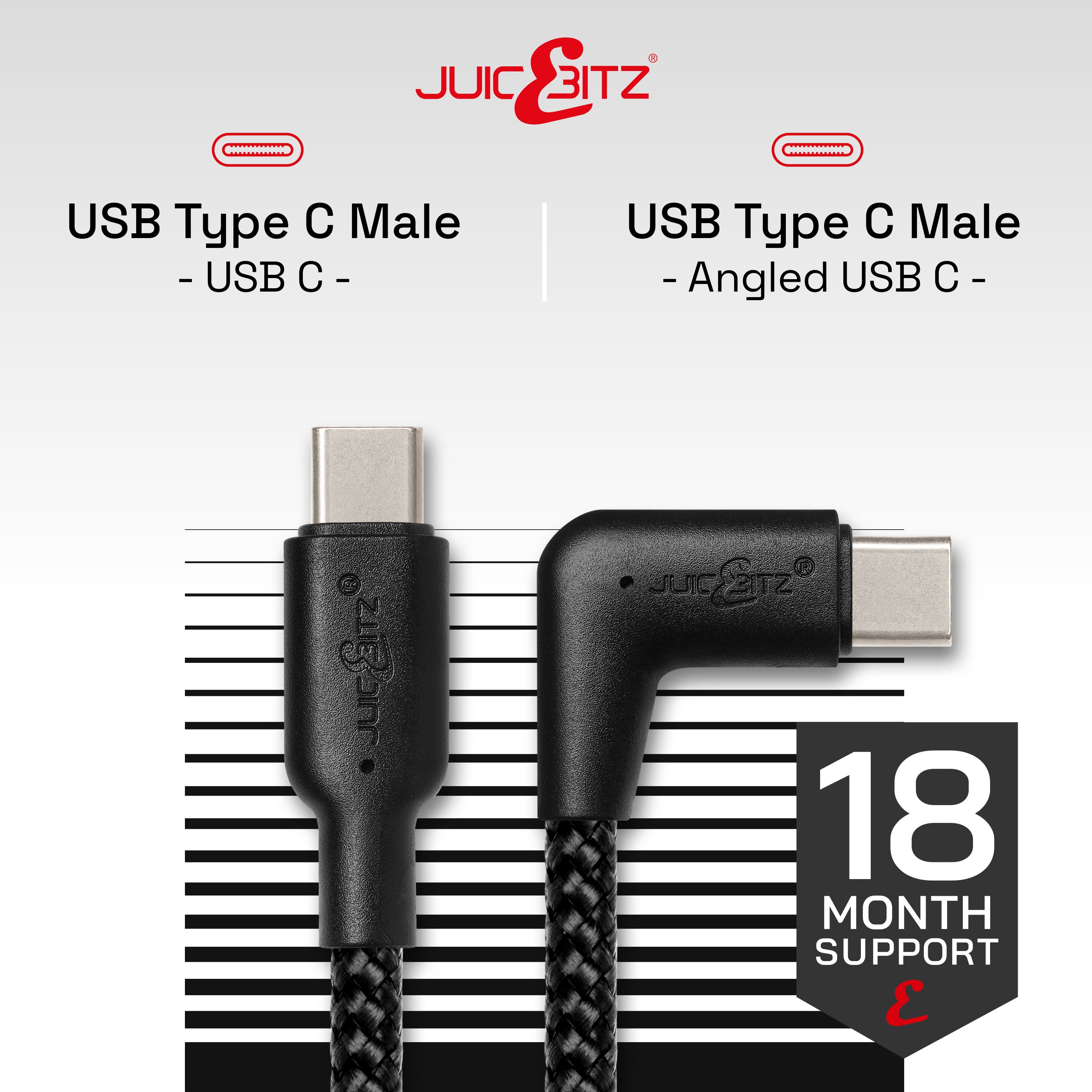 Braided USB-C to Angled USB-C (USB2.0) 100W PD Fast Charger Data Cable - Black