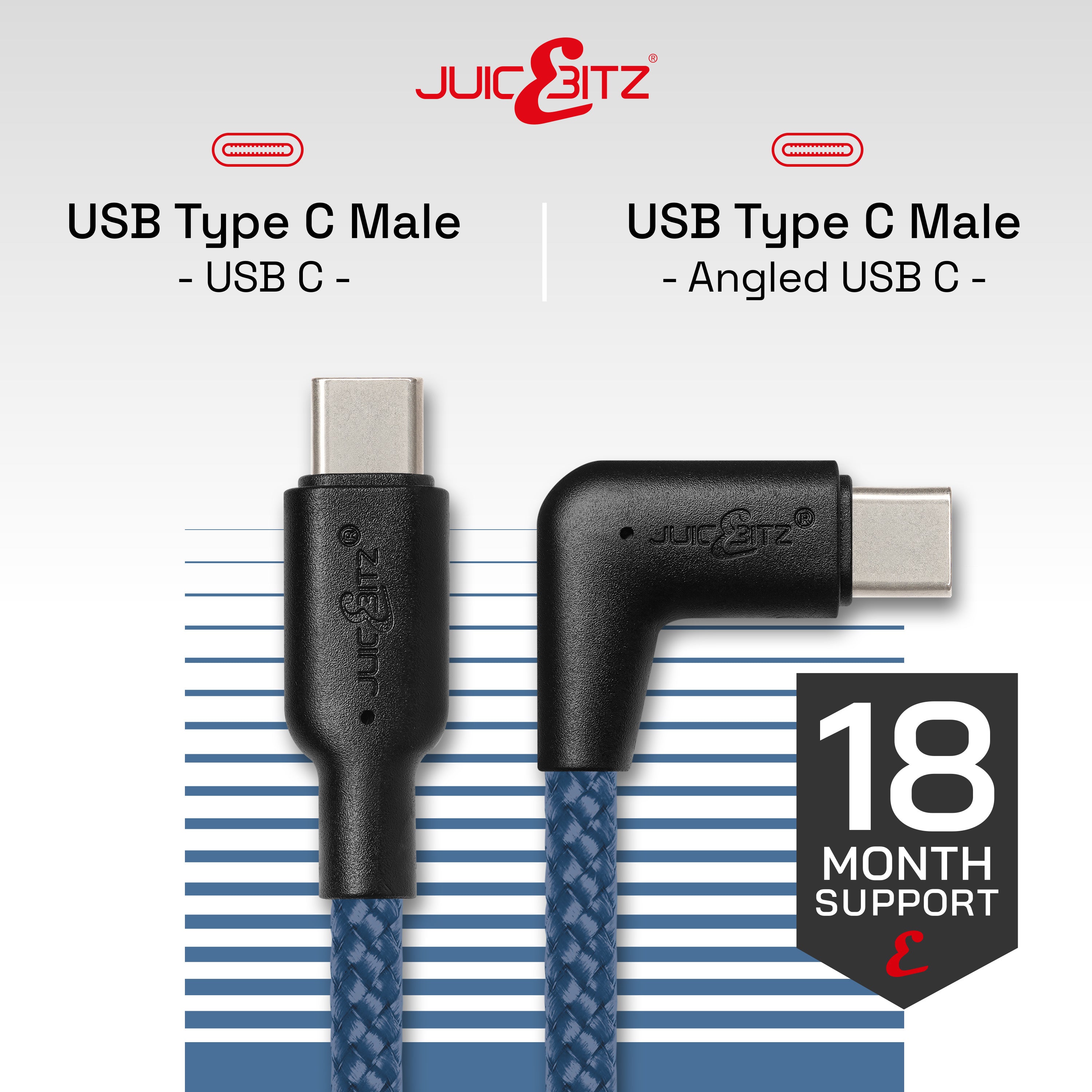 Braided USB-C to Angled USB-C (USB2.0) 100W PD Fast Charger Data Cable - Navy