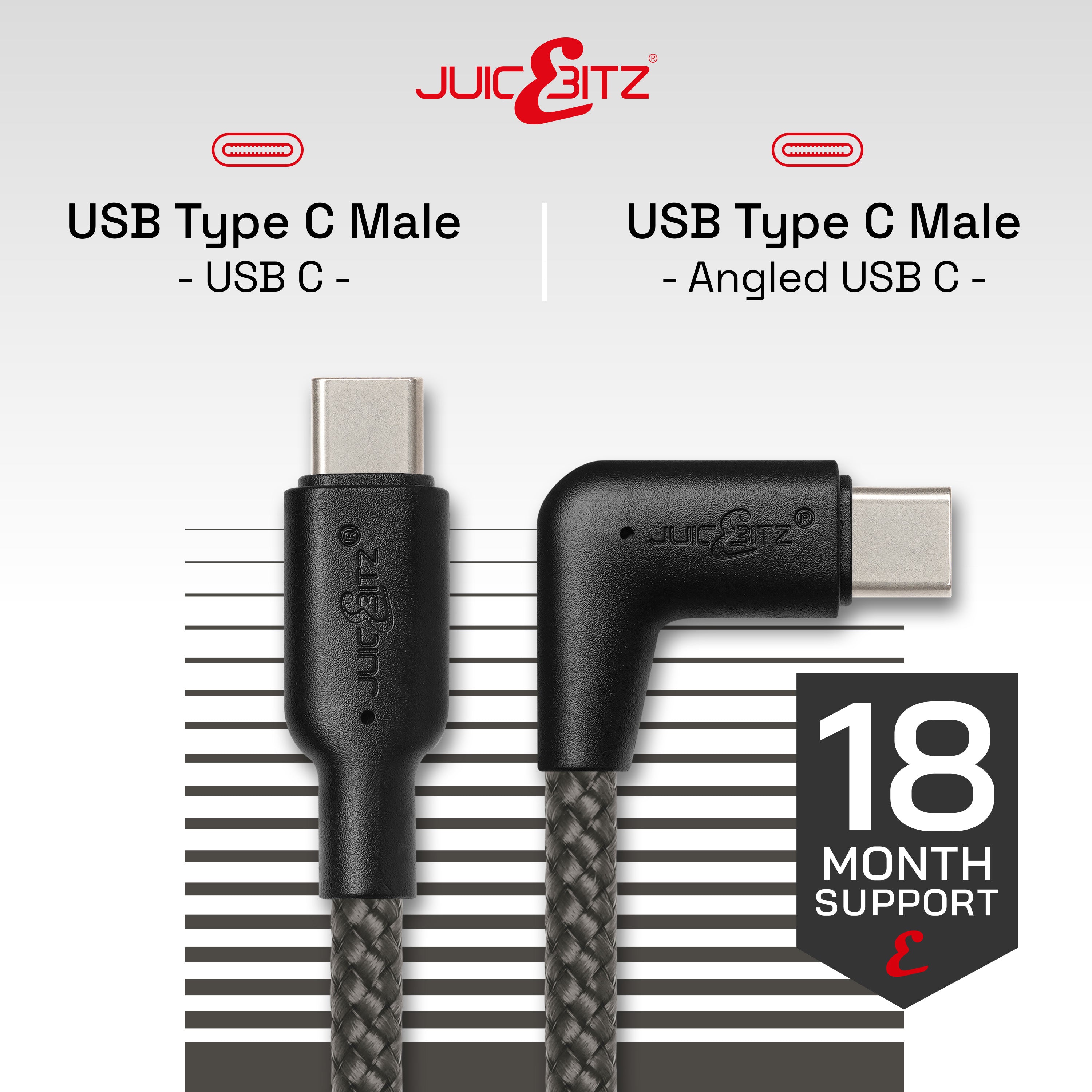 Braided USB-C to Angled USB-C (USB2.0) 100W PD Fast Charger Data Cable - Grey
