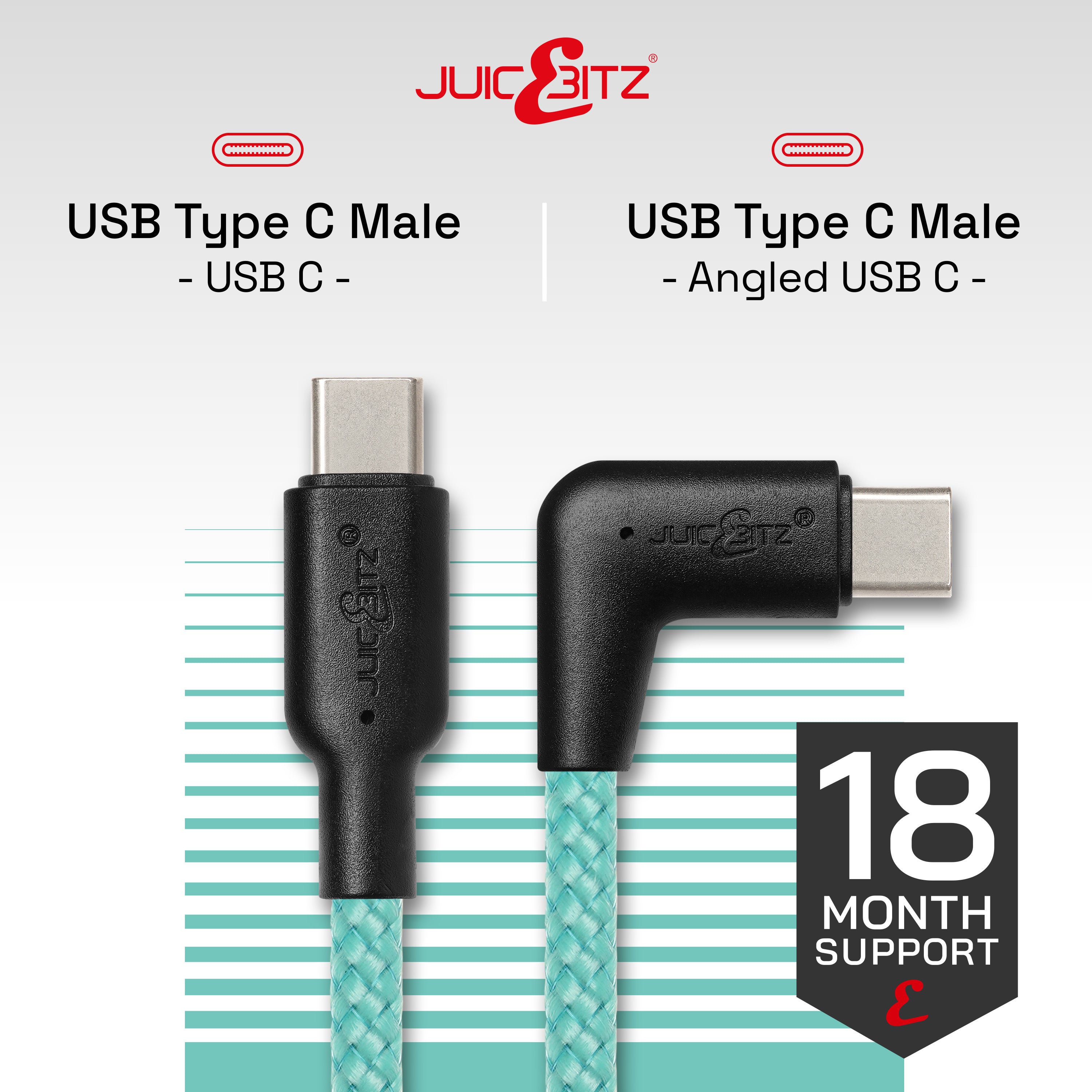 Braided USB-C to Angled USB-C (USB2.0) 100W PD Fast Charger Data Cable - Turquoise