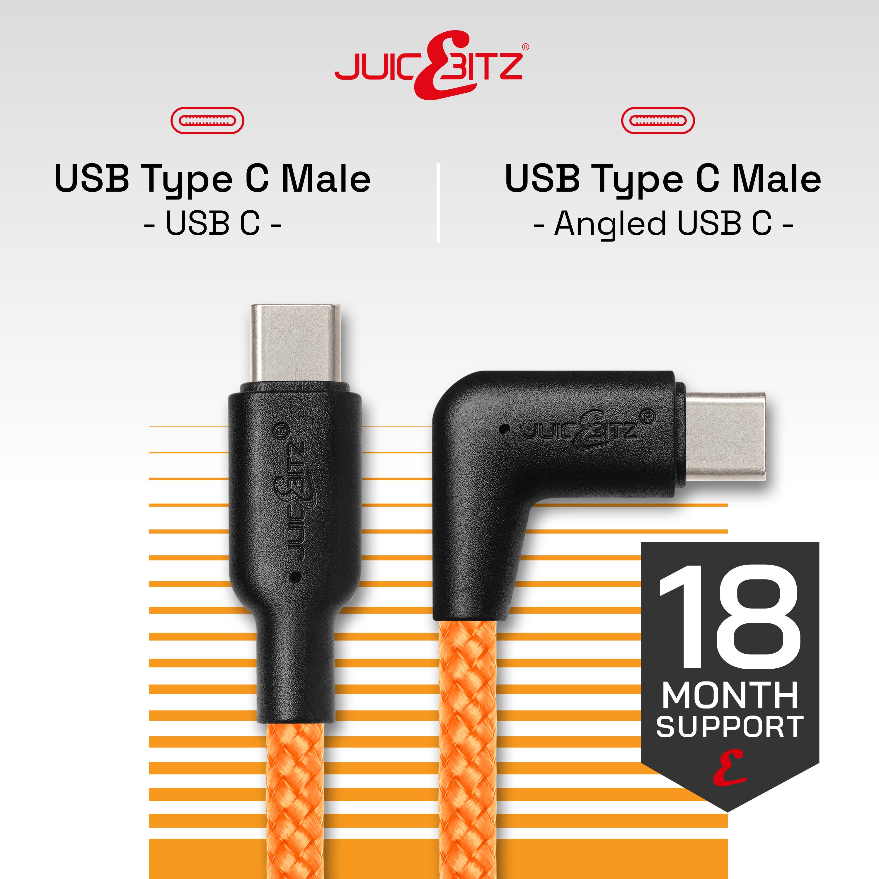 Braided USB-C to Angled USB-C (USB2.0) 100W PD Fast Charger Data Cable - Orange
