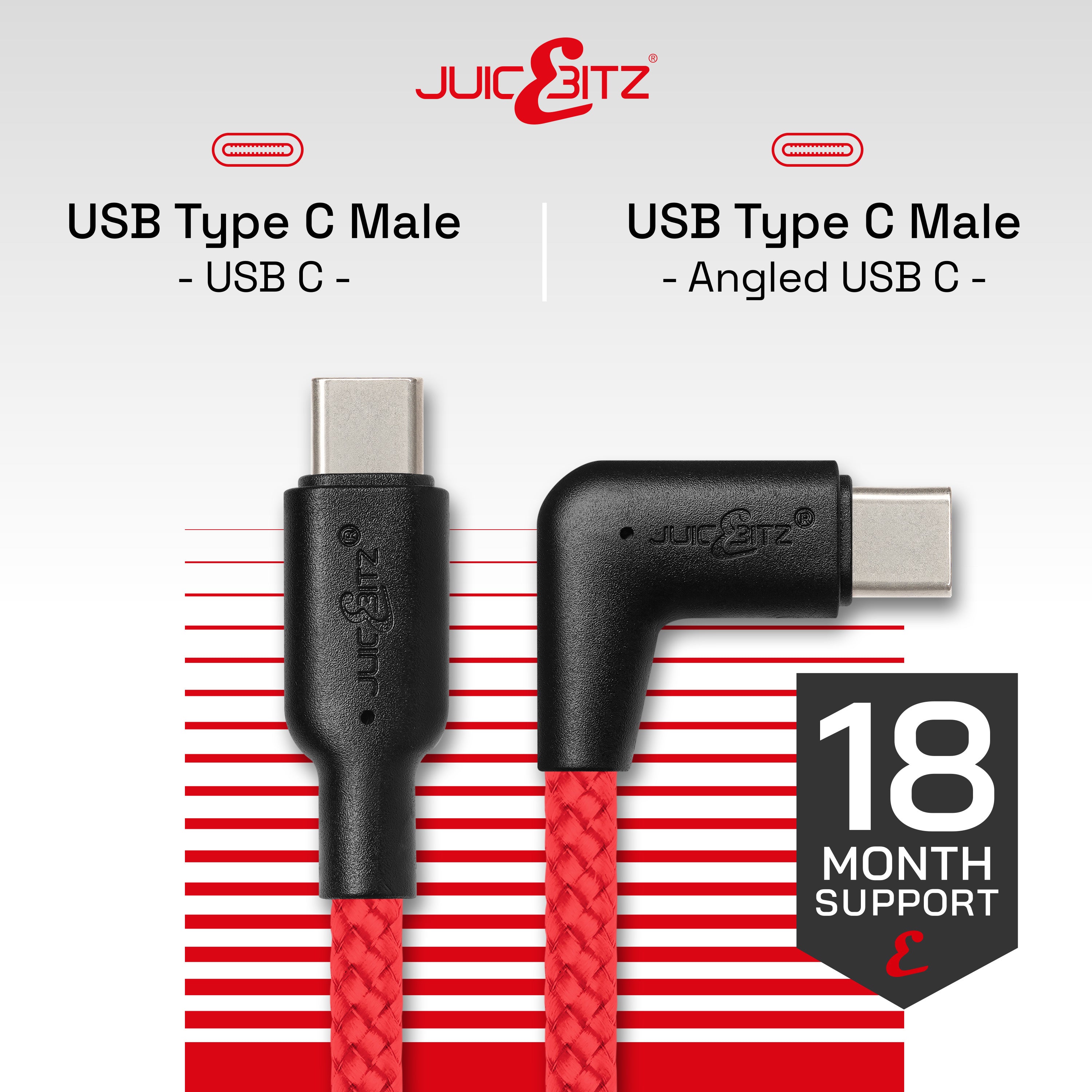 Braided USB-C to Angled USB-C (USB2.0) 100W PD Fast Charger Data Cable - Red