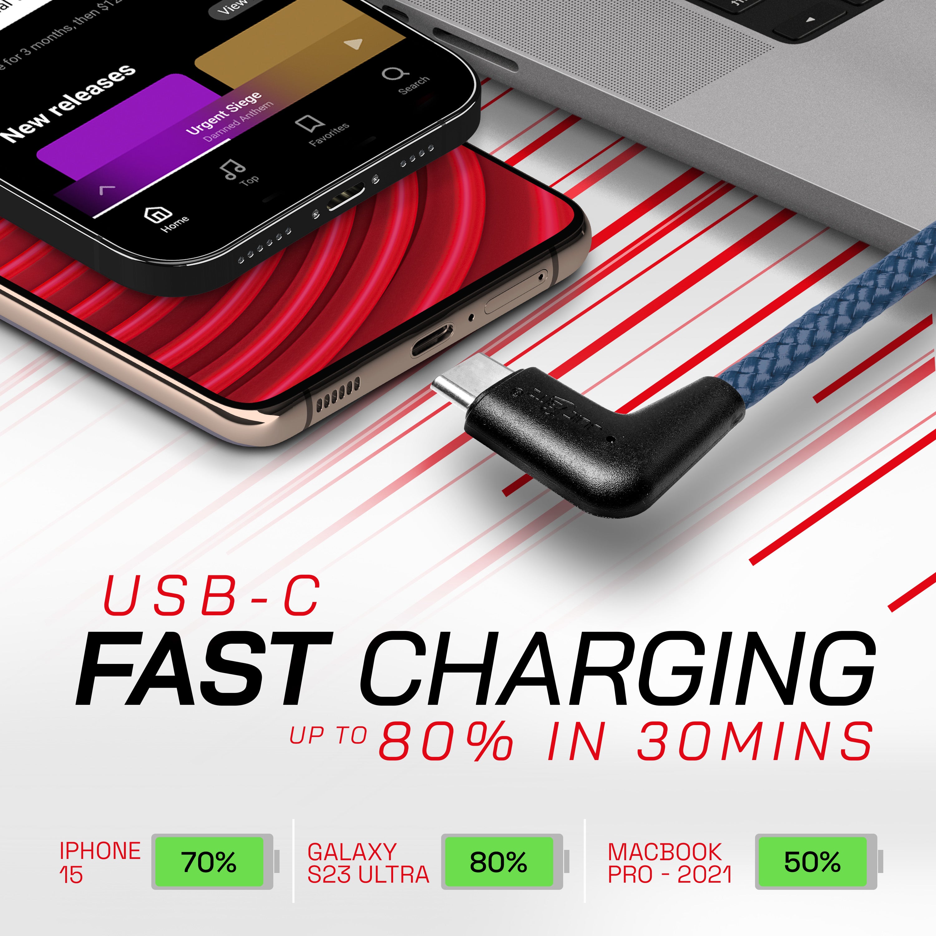 Braided USB-C to Angled USB-C (USB2.0) 100W PD Fast Charger Data Cable - Navy