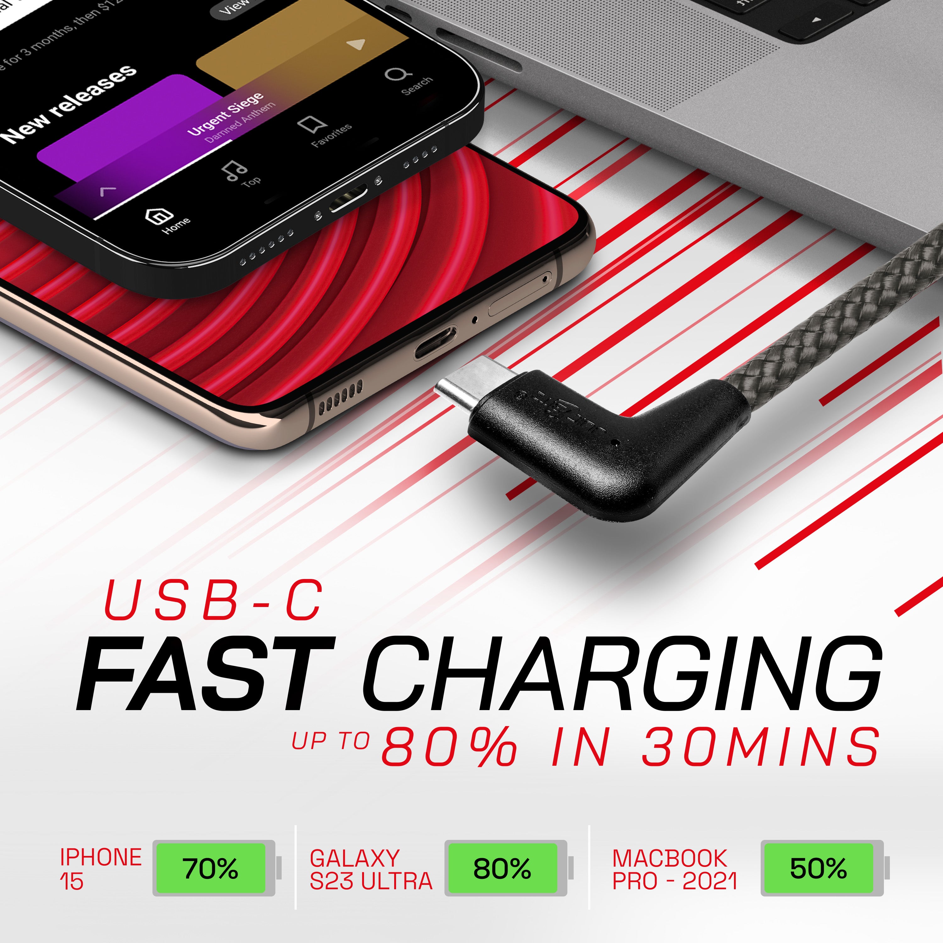 Braided USB-C to Angled USB-C (USB2.0) 100W PD Fast Charger Data Cable - Grey