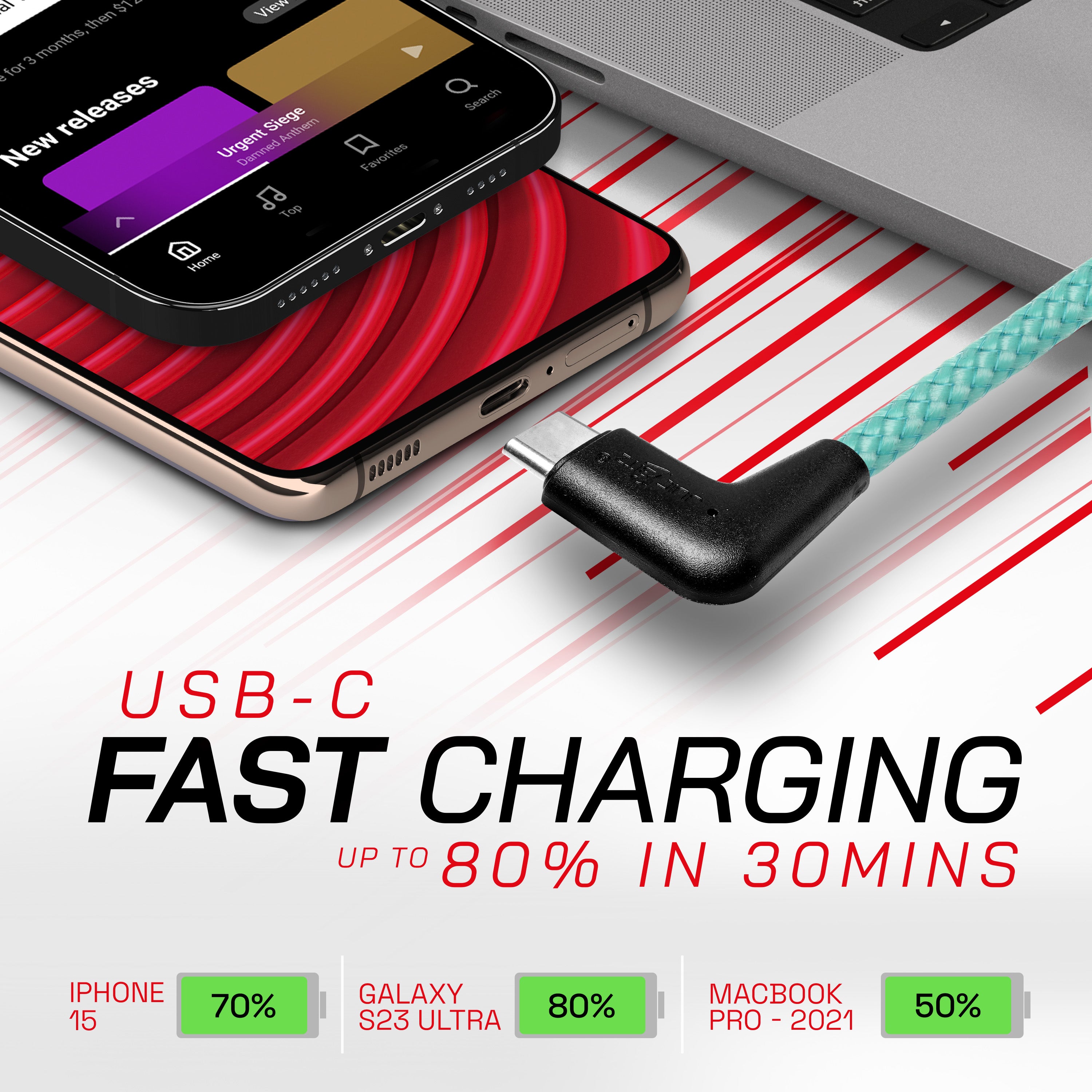 Braided USB-C to Angled USB-C (USB2.0) 100W PD Fast Charger Data Cable - Turquoise