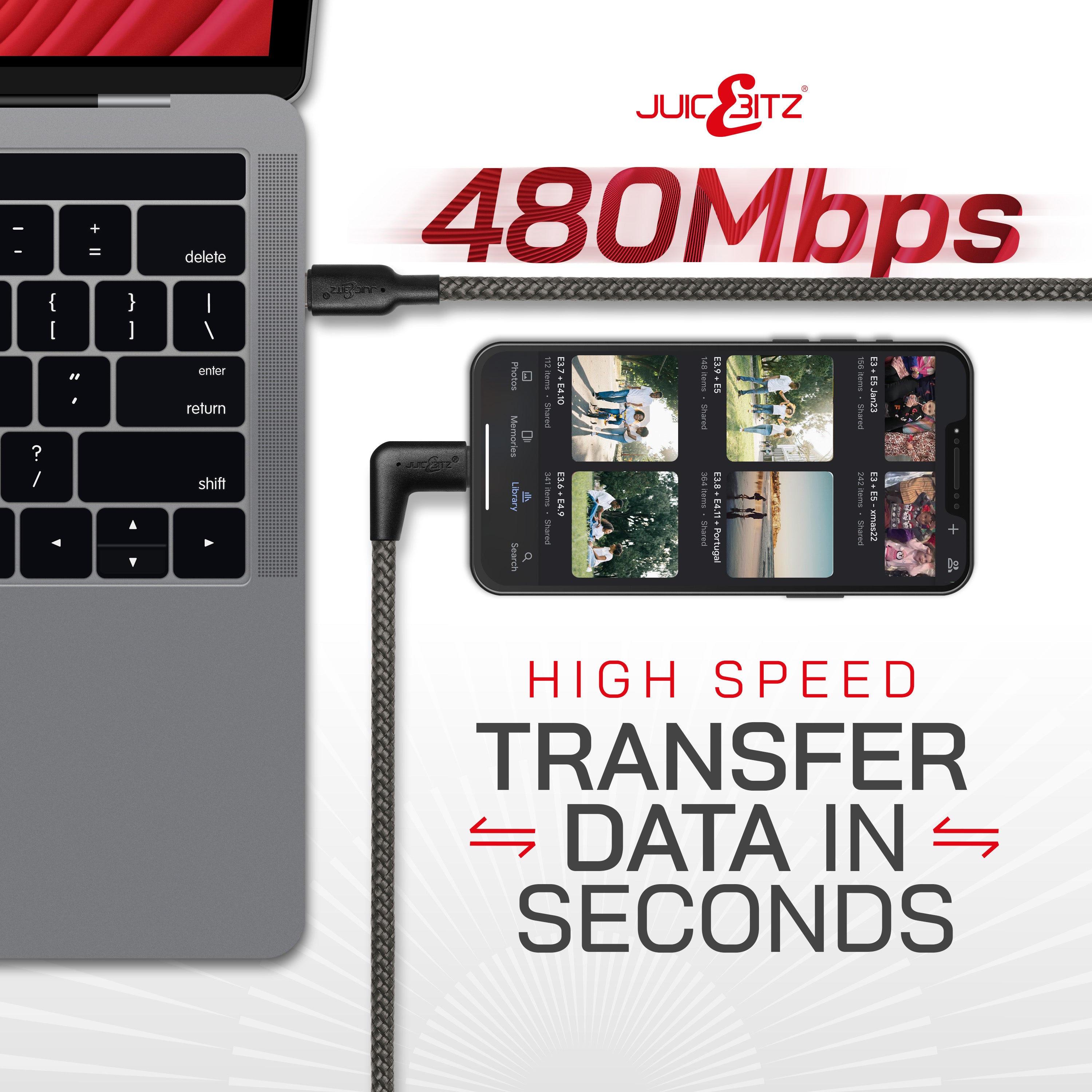 Braided USB-C to Angled USB-C (USB2.0) 100W PD Fast Charger Data Cable - Grey