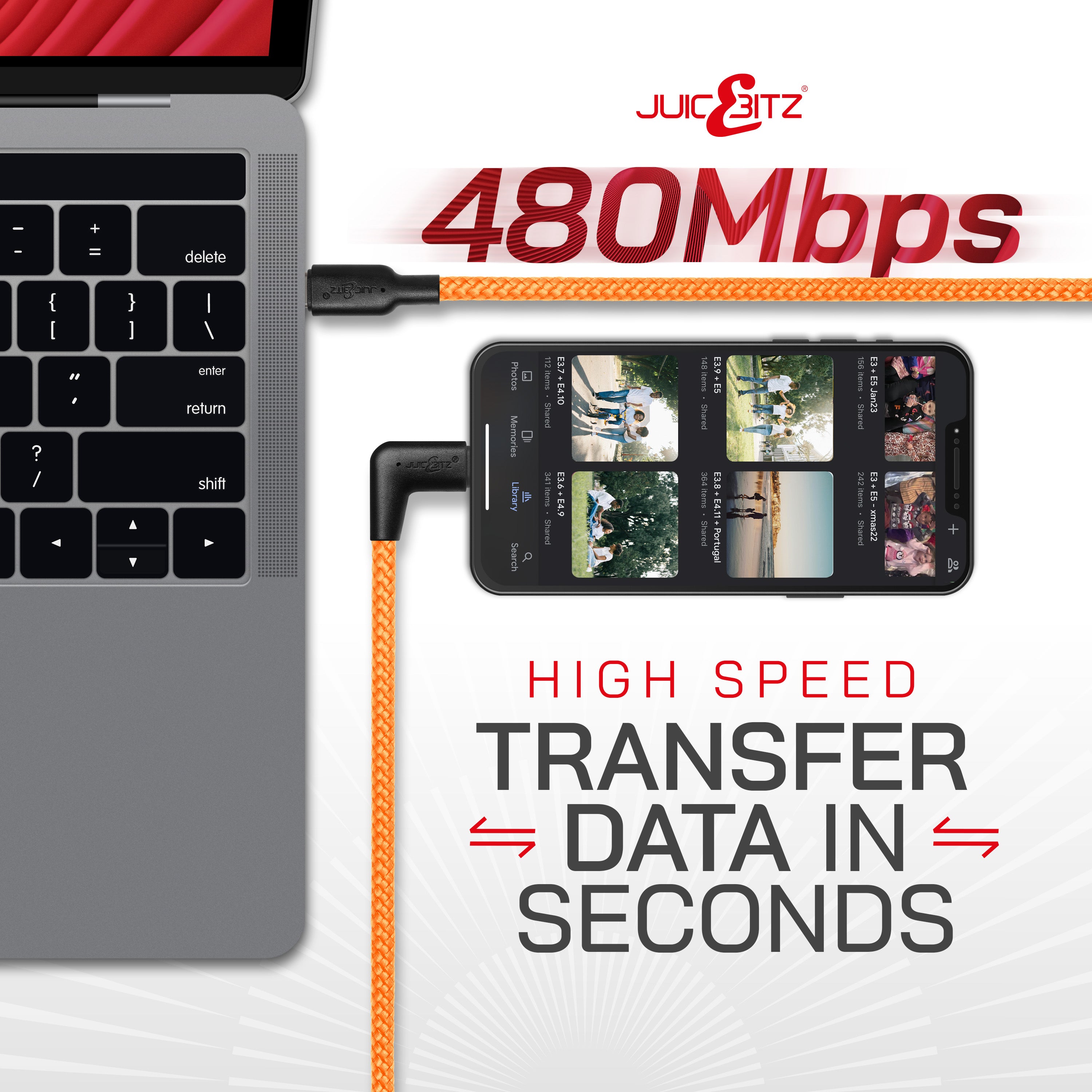 Braided USB-C to Angled USB-C (USB2.0) 100W PD Fast Charger Data Cable - Orange