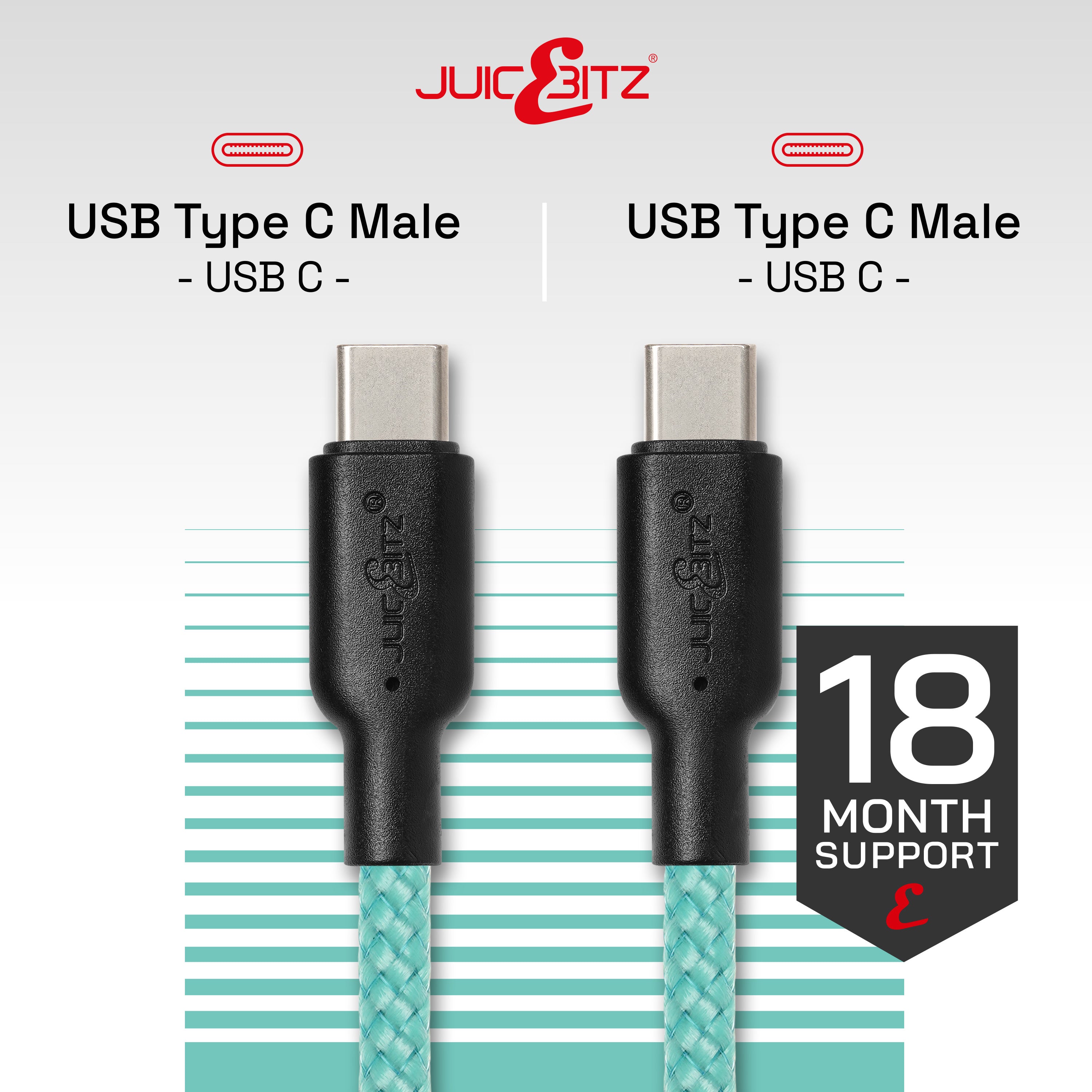 Braided USB-C to USB-C (USB2.0) 100W PD Fast Charger Data Cable - Turquoise