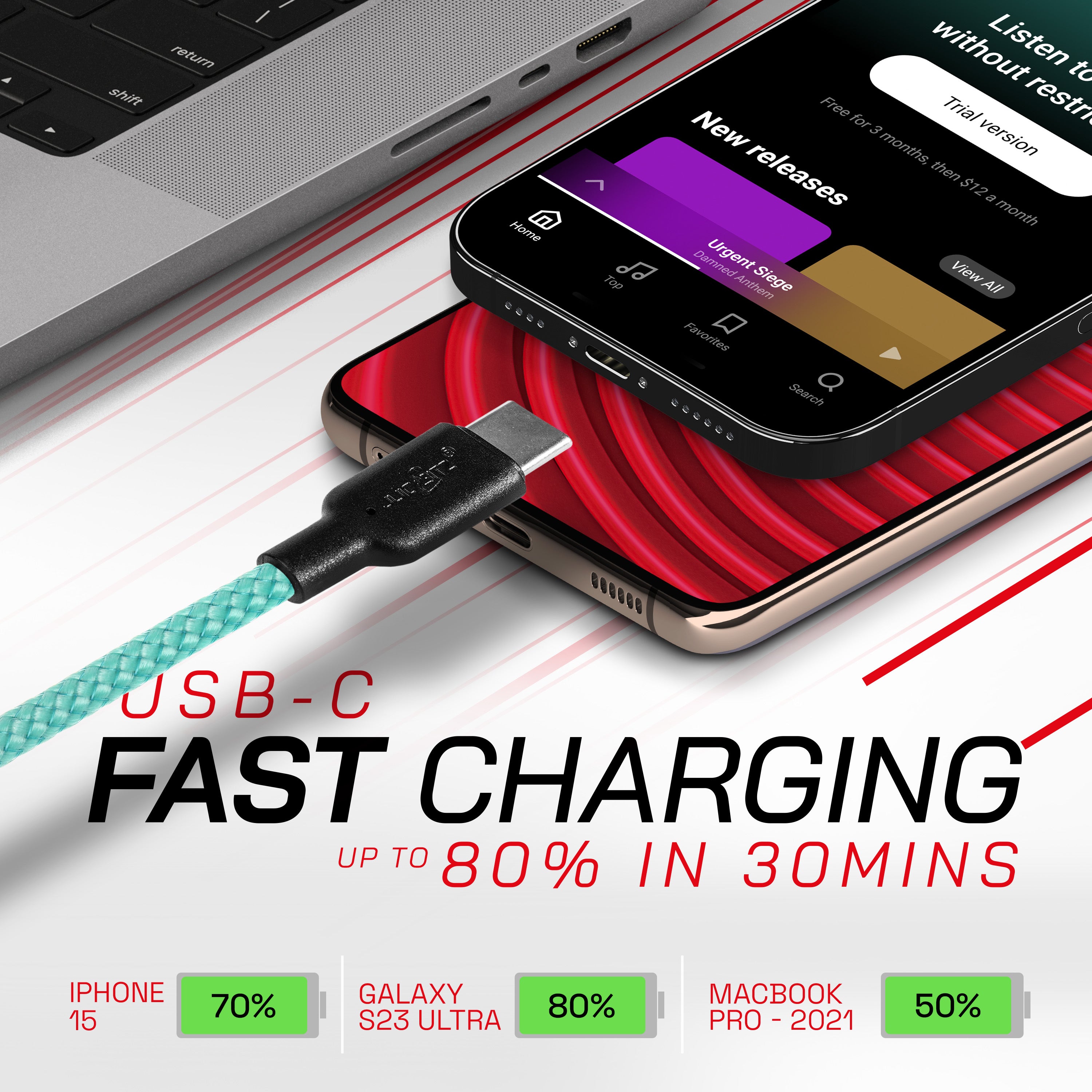 Braided USB-C to USB-C (USB2.0) 100W PD Fast Charger Data Cable - Turquoise