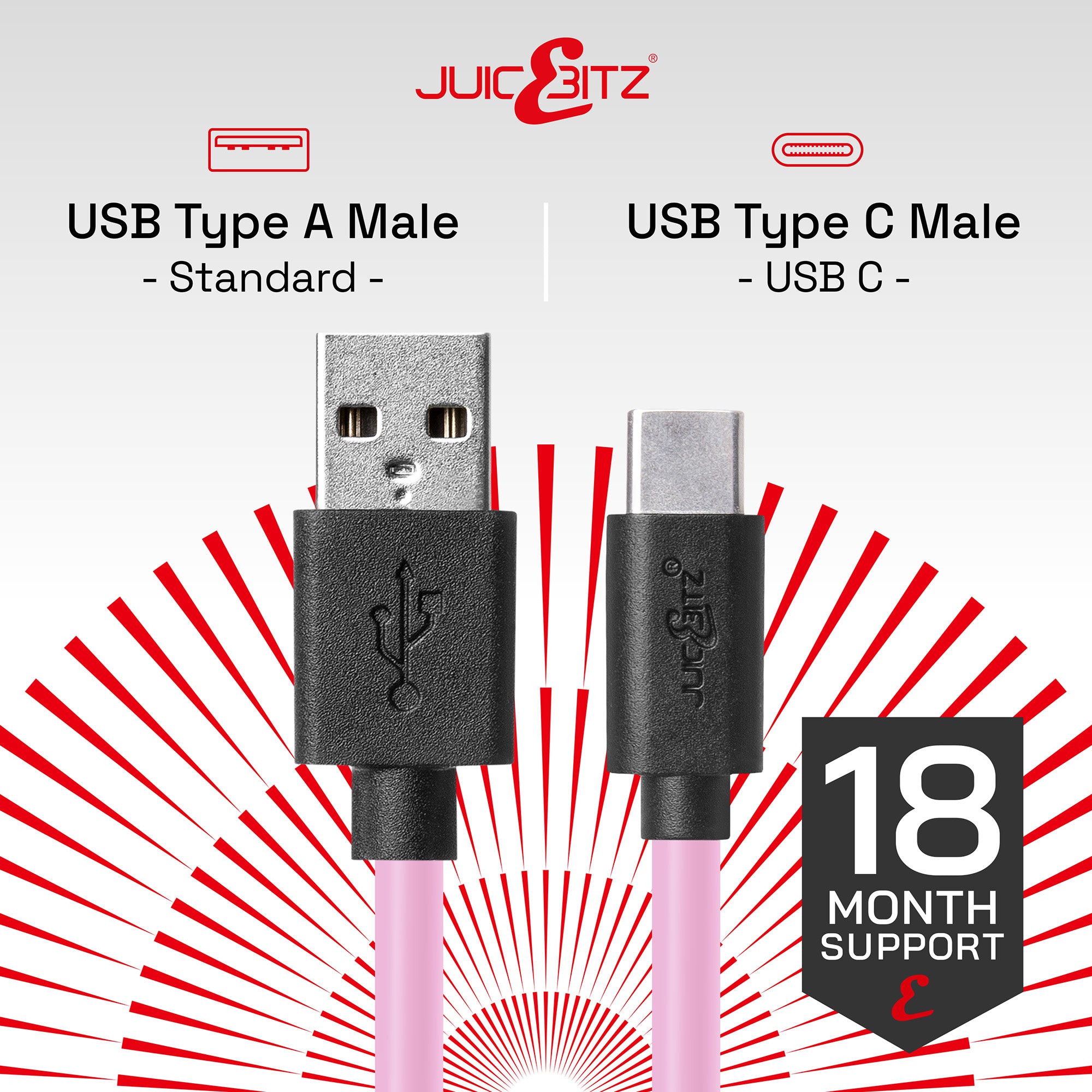 USB 2.0 Male to USB-C 3A Fast Charger Data Cable - Pink