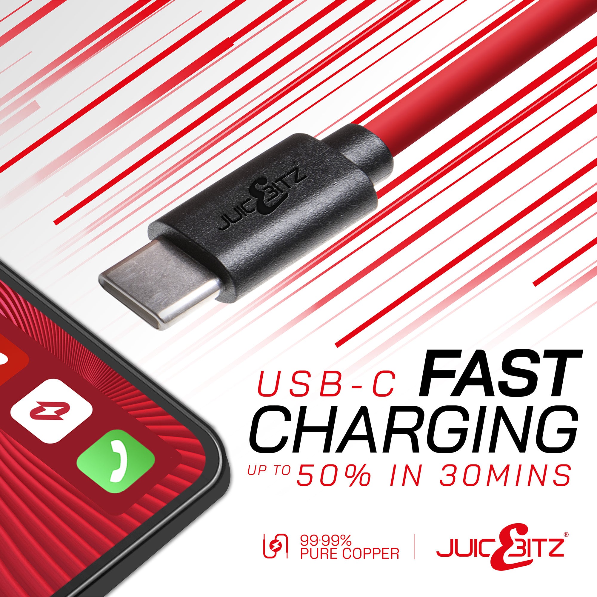 USB 2.0 Male to USB-C 3A Fast Charger Data Cable - Red