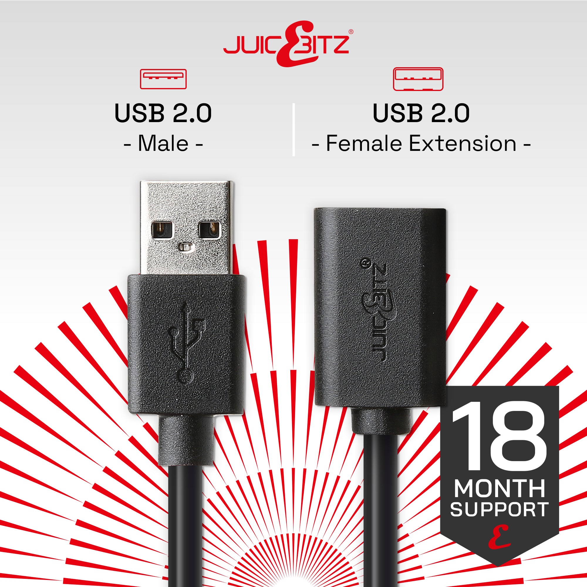 USB 2.0 Male to Female High Speed Extension Charging & Data Cable - Black