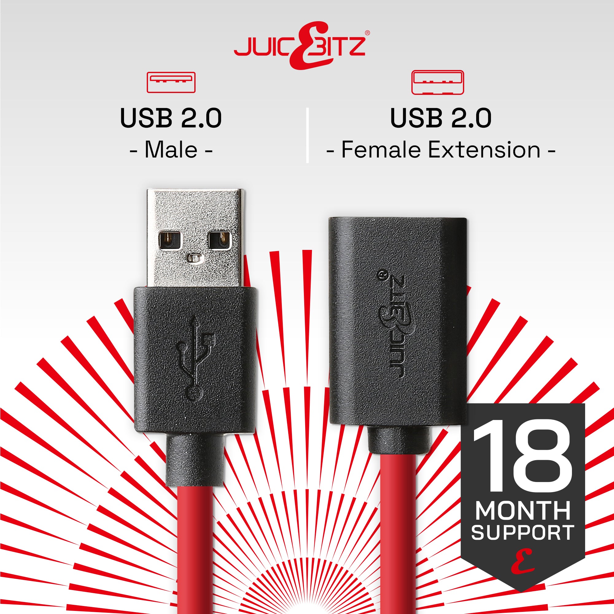 USB 2.0 Male to Female High Speed Extension Charging & Data Cable - Red