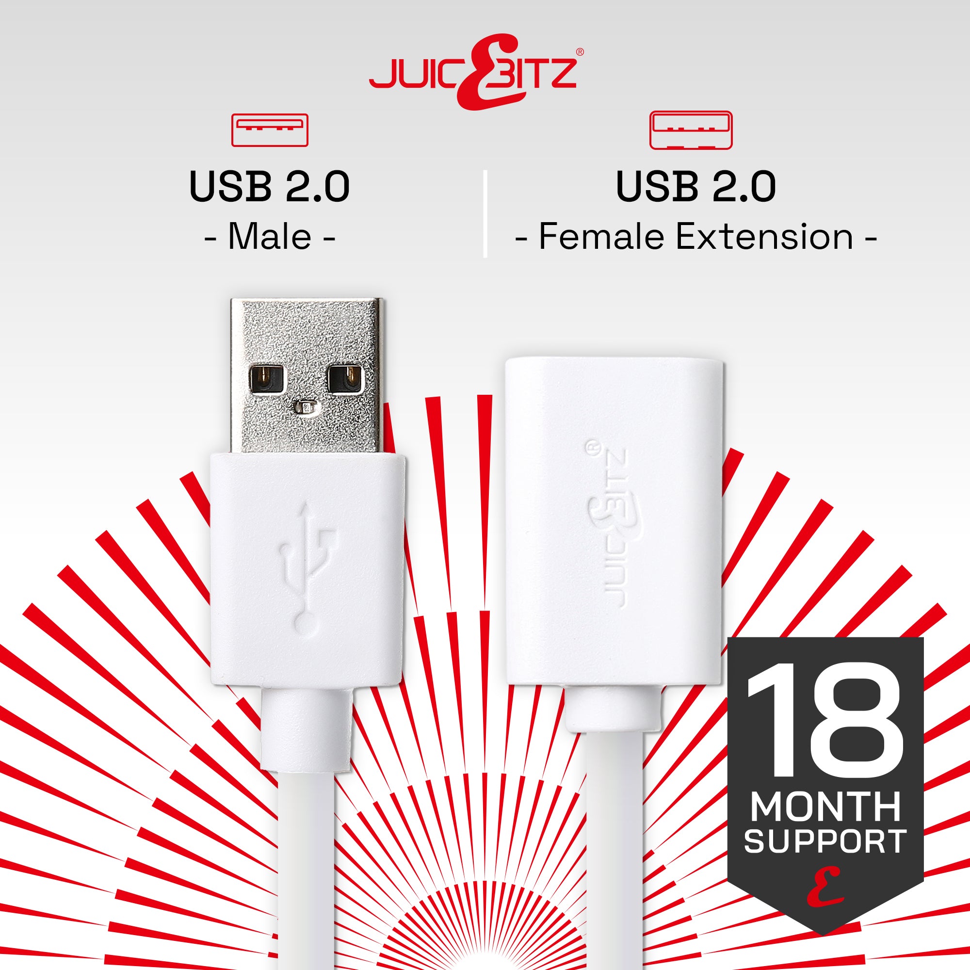USB 2.0 Male to Female High Speed Extension Charging & Data Cable - White