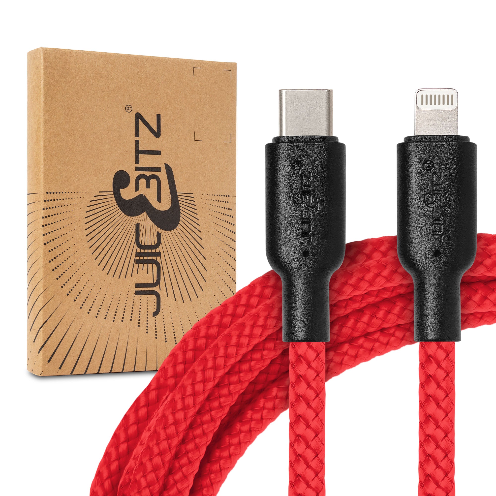 Braided Heavy Duty USB-C Fast Charger Data Sync Cable for iPhone, iPad, iPod - Red