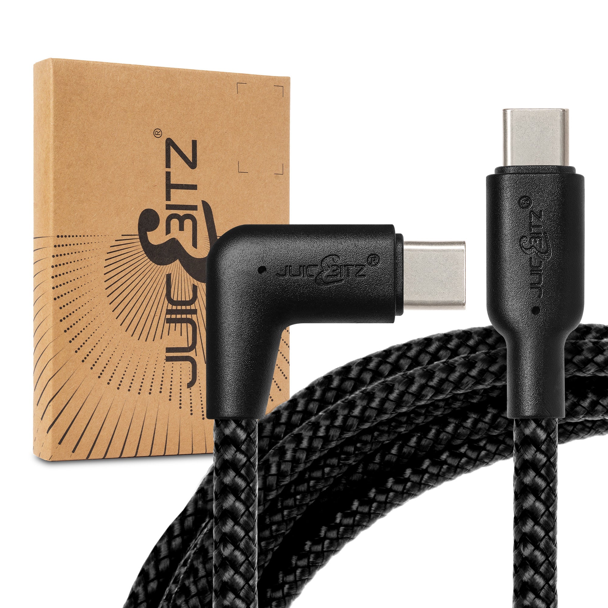 Braided USB-C to Angled USB-C (USB2.0) 100W PD Fast Charger Data Cable - Black