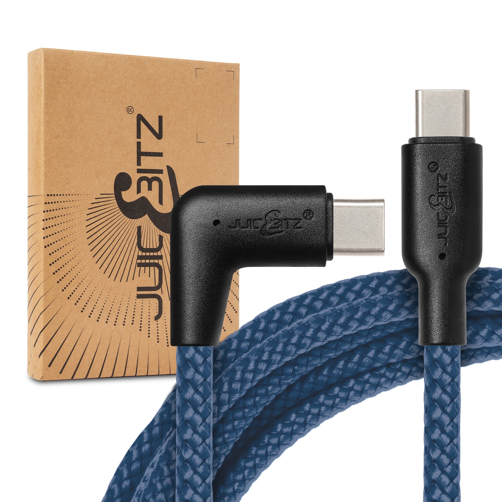 Braided USB-C to Angled USB-C (USB2.0) 100W PD Fast Charger Data Cable - Navy