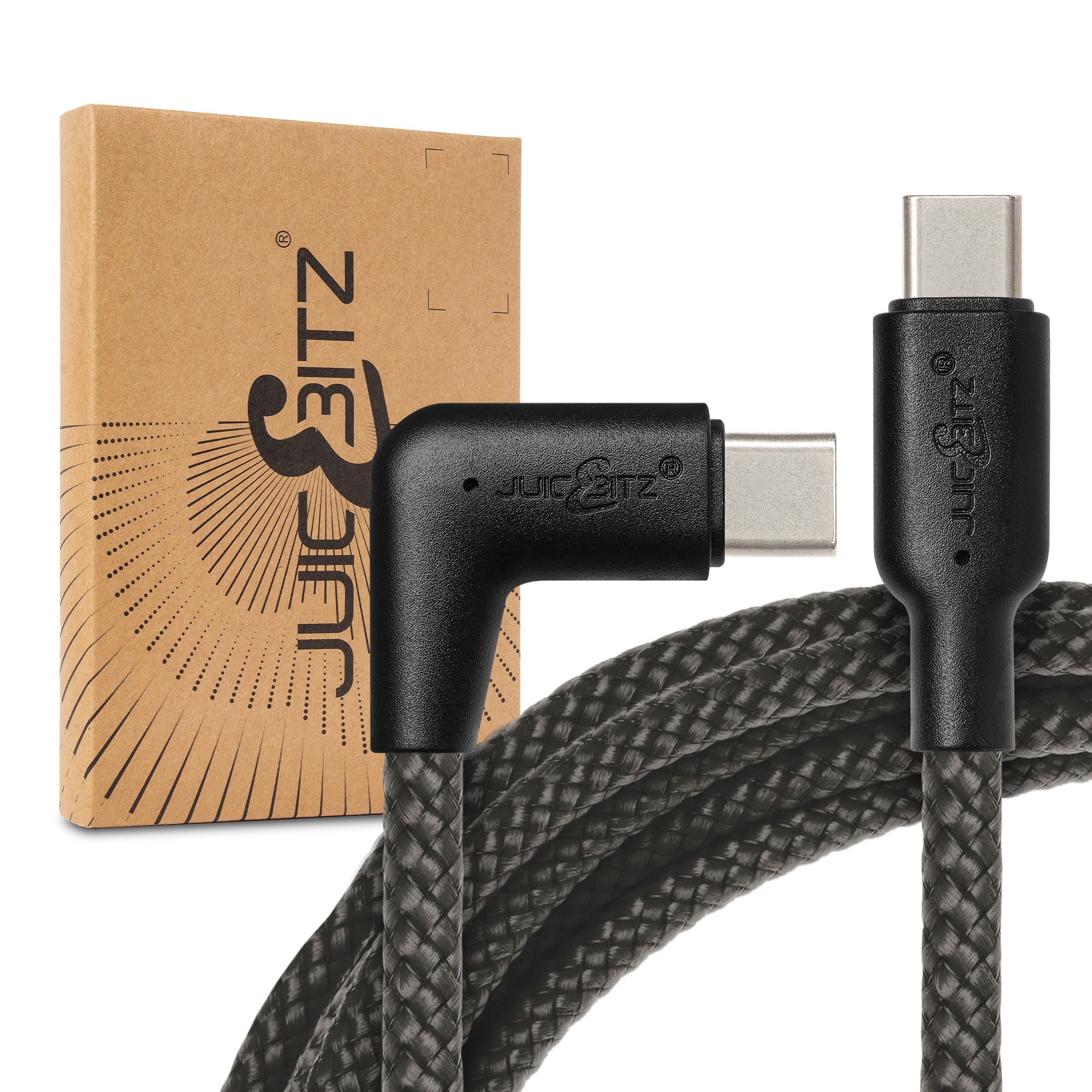 Braided USB-C to Angled USB-C (USB2.0) 100W PD Fast Charger Data Cable - Grey