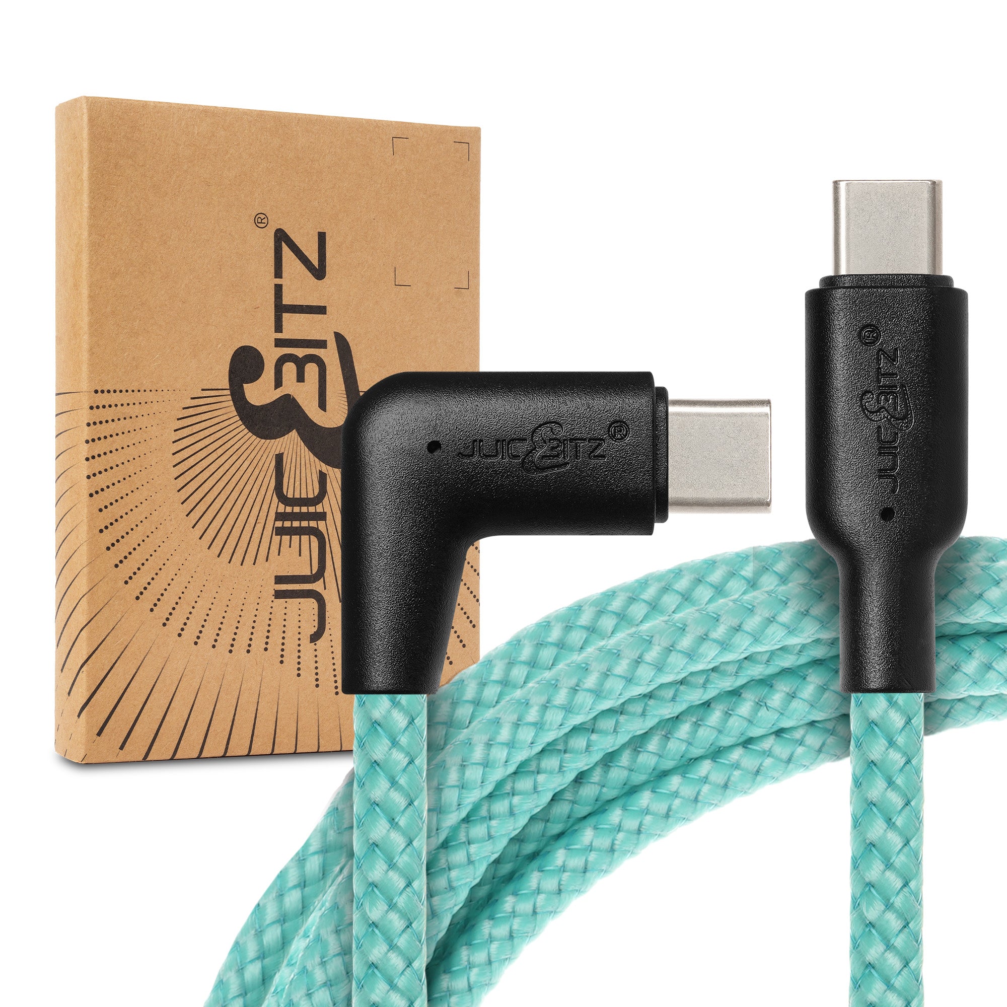 Braided USB-C to Angled USB-C (USB2.0) 100W PD Fast Charger Data Cable - Turquoise