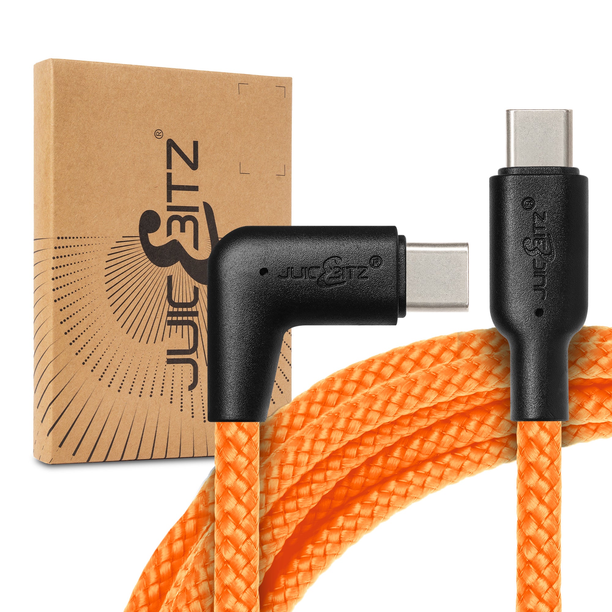 Braided USB-C to Angled USB-C (USB2.0) 100W PD Fast Charger Data Cable - Orange