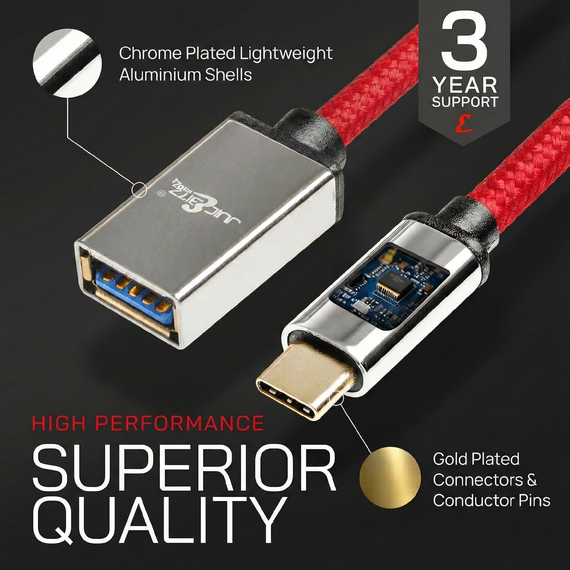 PRO Series Braided USB-C to USB 3.0 Female Extension Cable - Red