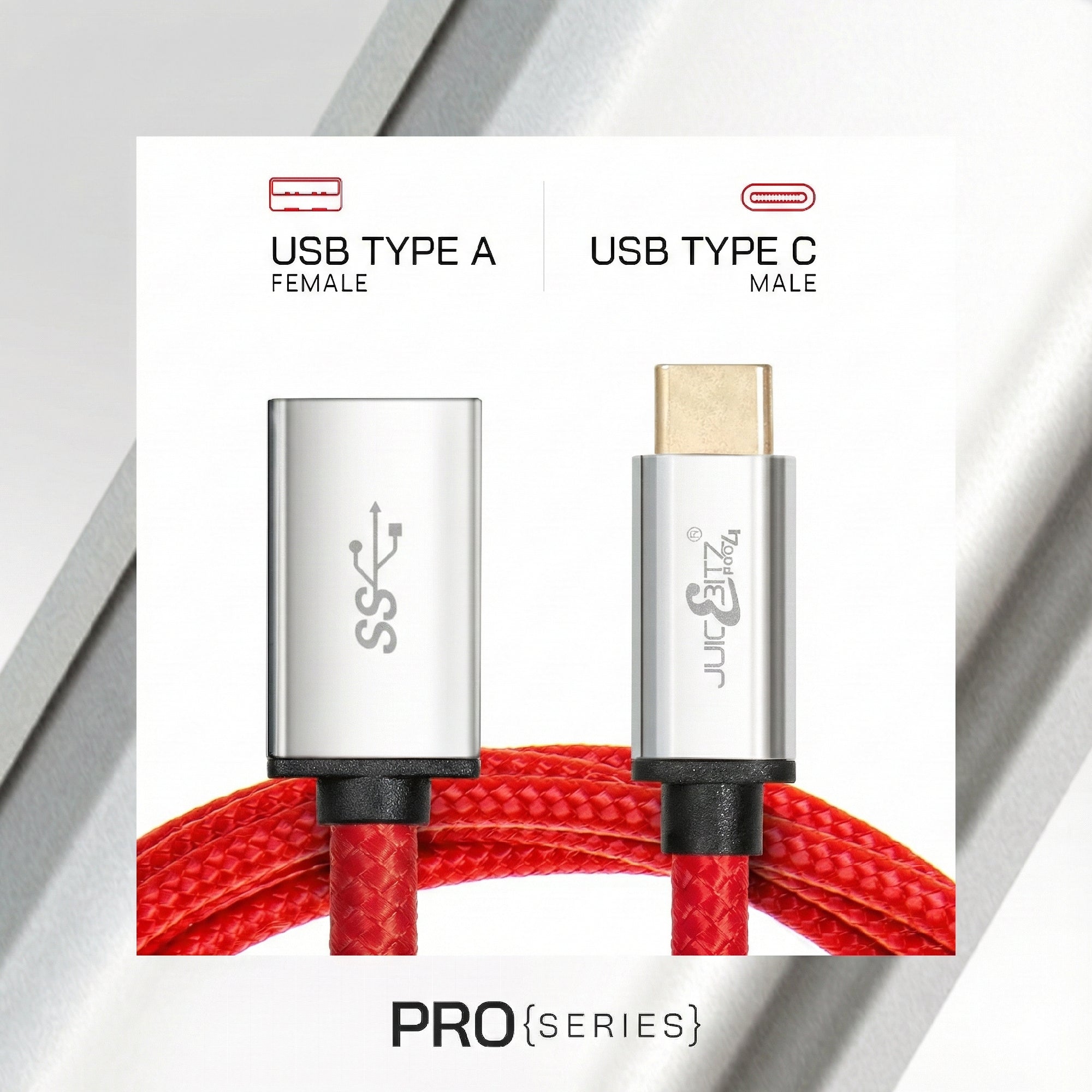 PRO Series Braided USB-C to USB 3.0 Female Extension Cable - Red