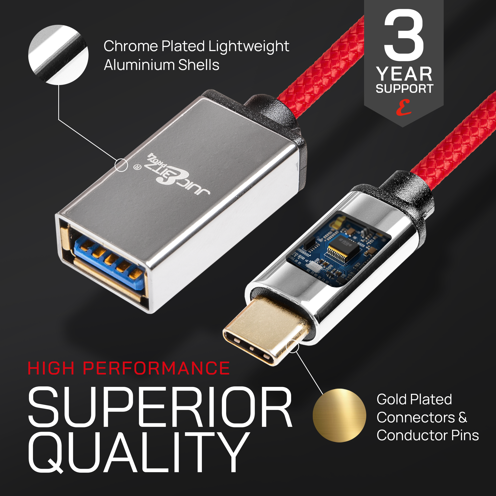 PRO Series Braided USB-C to USB 3.0 Female Extension Cable - Red