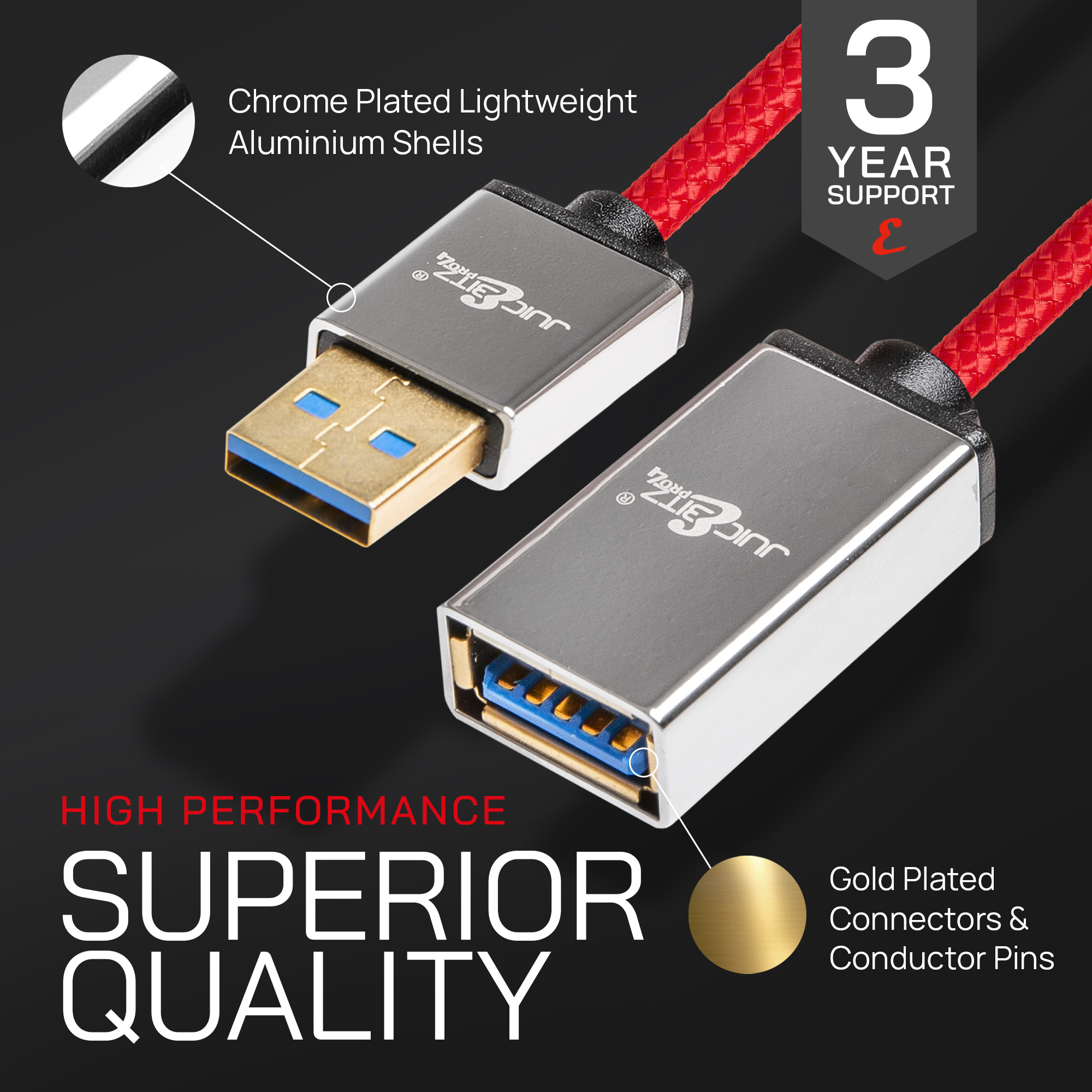 PRO Series Braided Superspeed Male to Female USB3.0 Extension Cable - Red