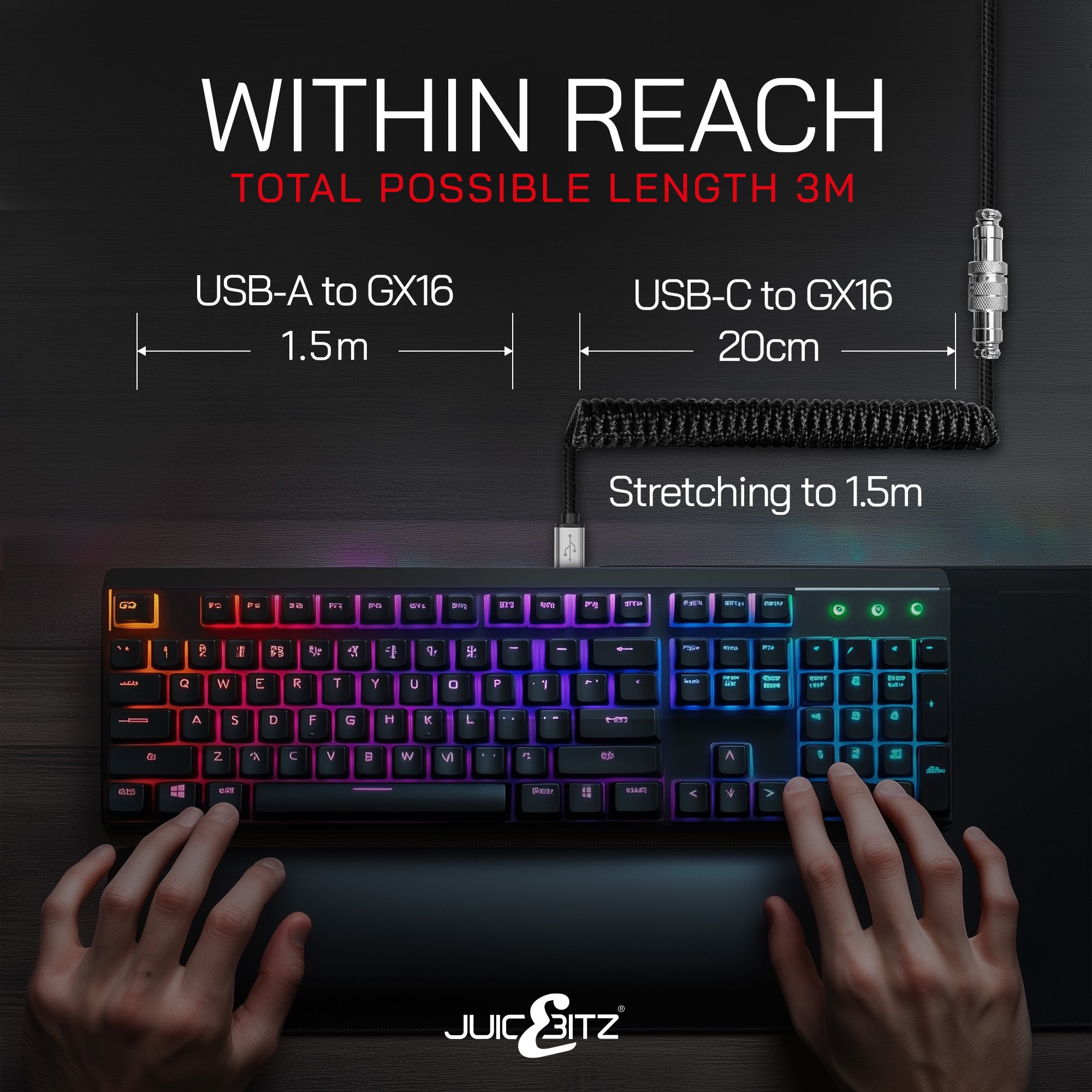 PRO Series Retractable Coiled USB 2.0 to GX16 + GX16 to USB-C Cable for Mechanical Keyboard - Black